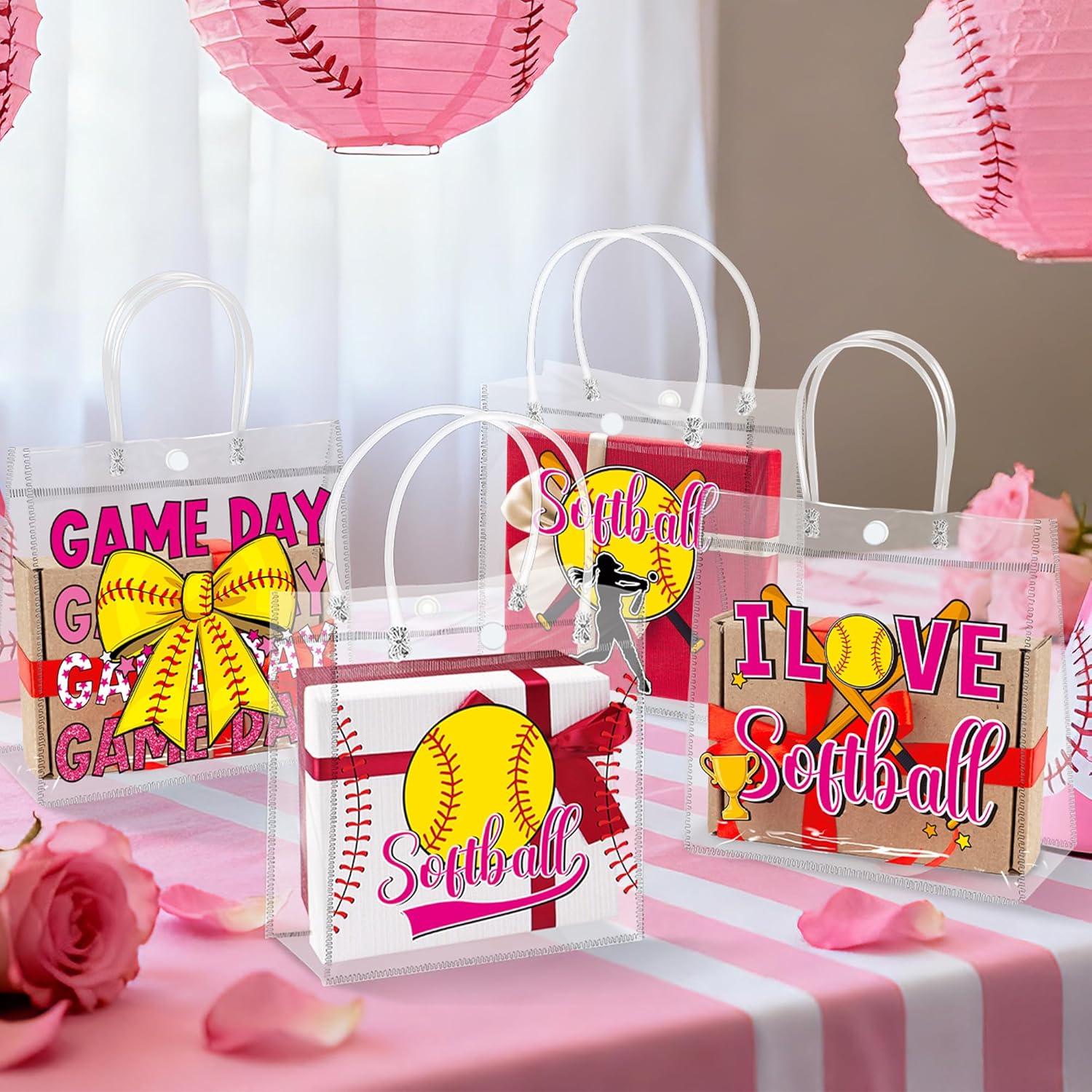 H1vojoxo Softball Goodie Gift Bags - 24PCS Softball Clear PVC Gift Bags for Team Girls with Handle Reusable Sport Party Favors Team Birthday Gifts Bag Treat Snack Bag for Girls End of Season Gifts Bag