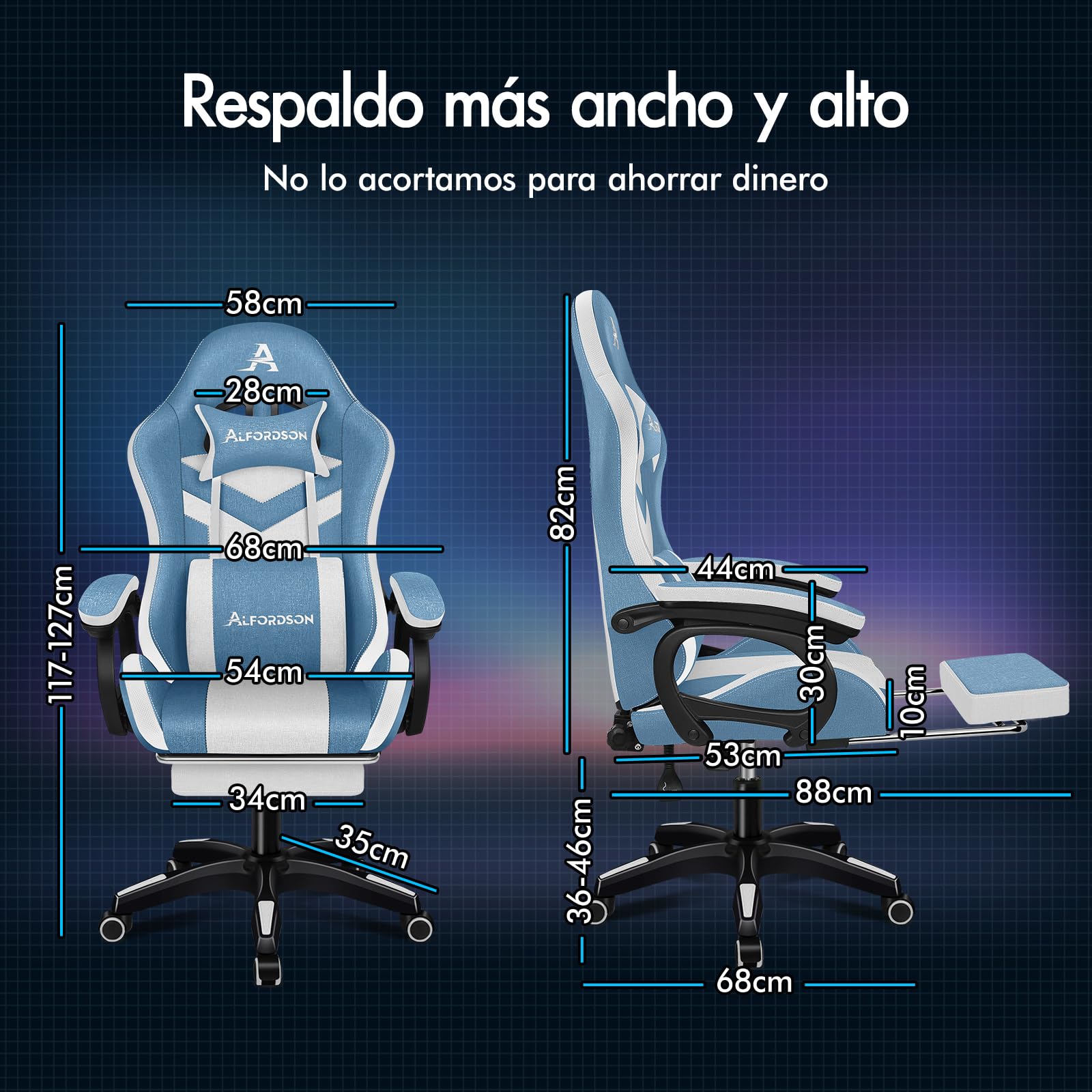 ALFORDSON Silla Gaming con Masaje y LED, Silla Gamer Ergonómica con Cojín Lumbar y Cervical, Reposapiés Telescópico, Iluminación para Ordenador, Videojuego, Juegos, Oficina, Lino(Azul y Blanca)