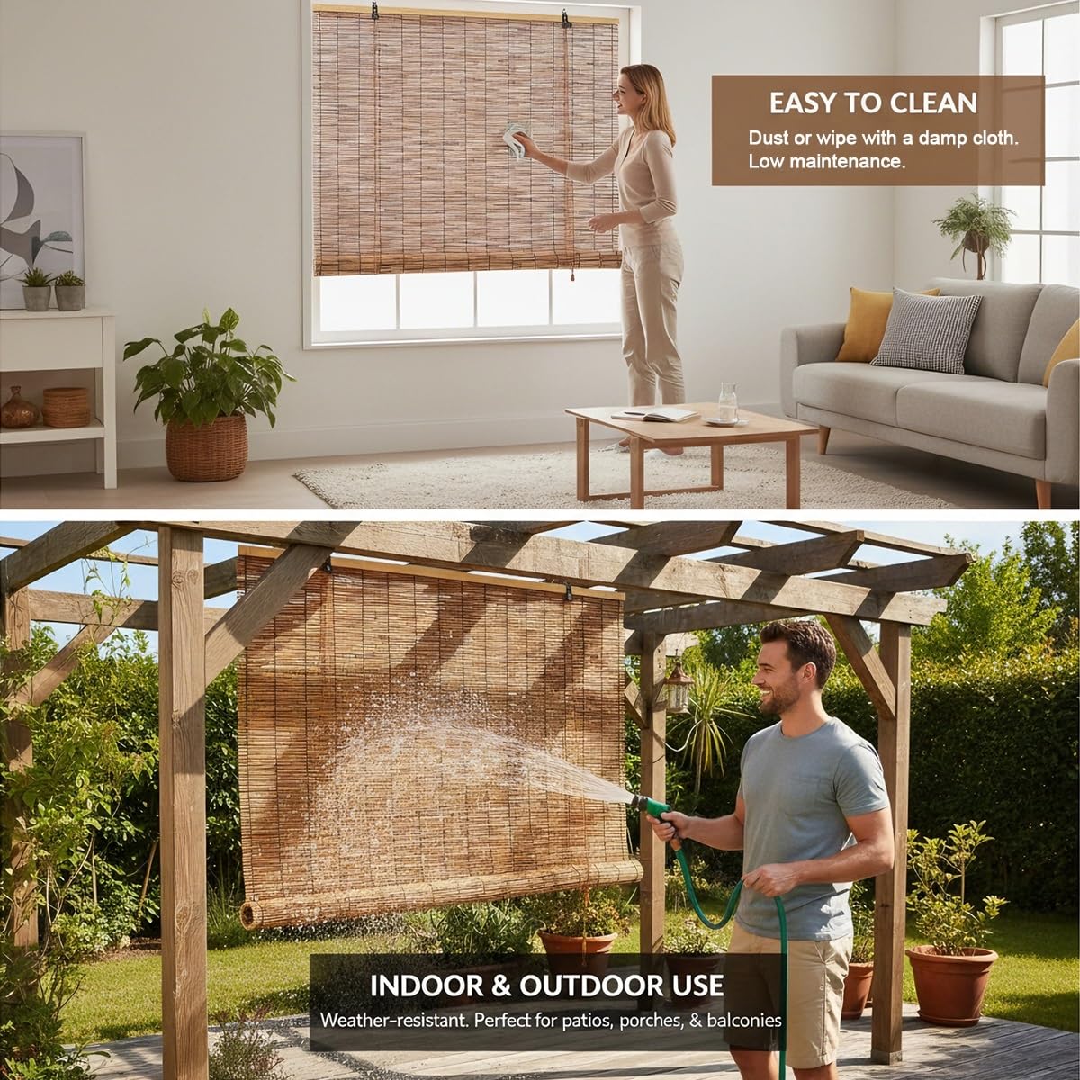Store en Bambou Interieur sans Perçage, Store Enrouleur Bambou 60 75 90 100 115 130 145 160 cm, Rideau Romains avec Levage, Rideau de Roseau pour Extérieur Terrasse Véranda Pergola(W145 cm x H220 cm)