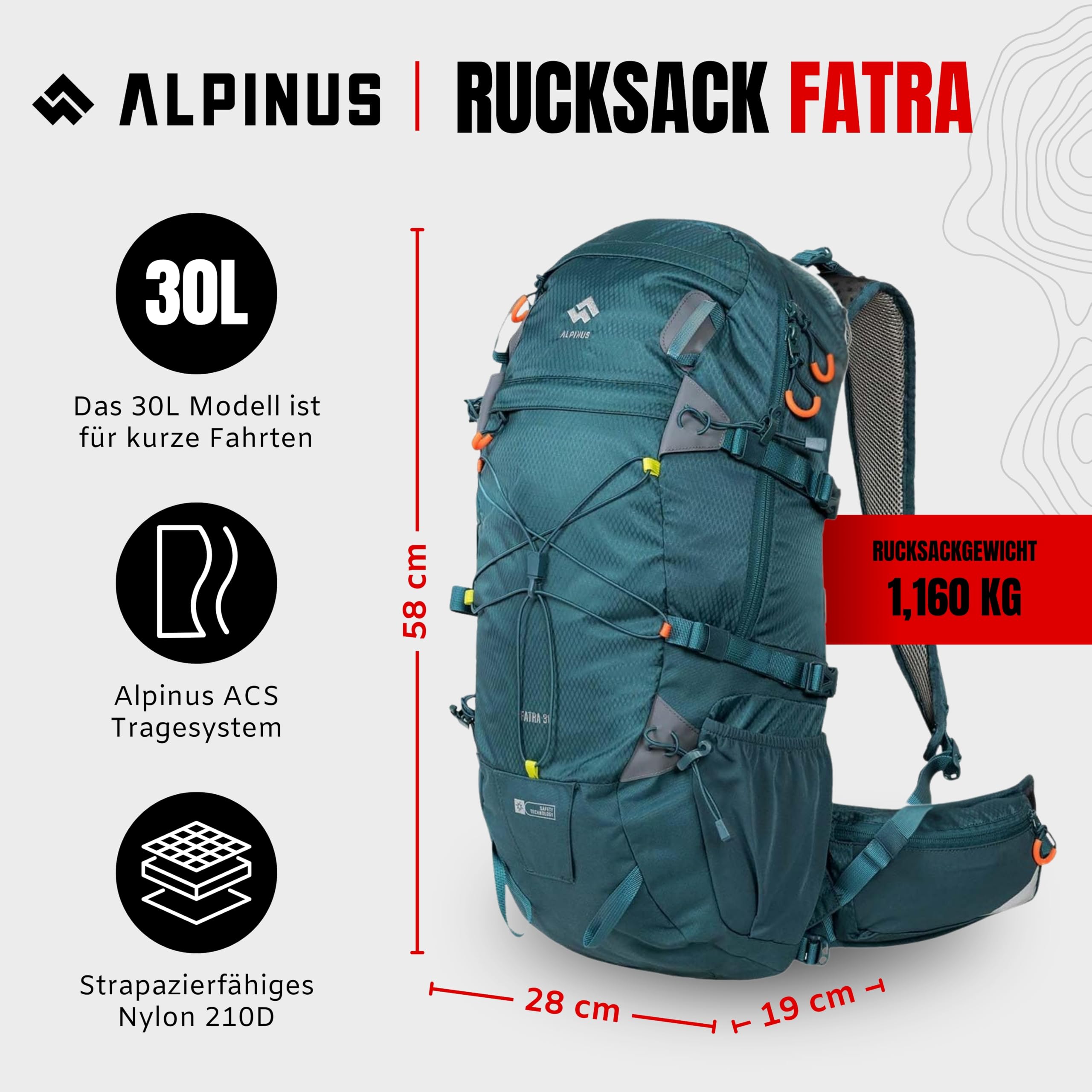 Alpinus - Plecak turystyczny Fatra 30 L, plecak sportowy i outdoorowy, lekki trekkingowy, model taktyczny, ergonomicznie uformowany, plecaki turystyczne - zielony