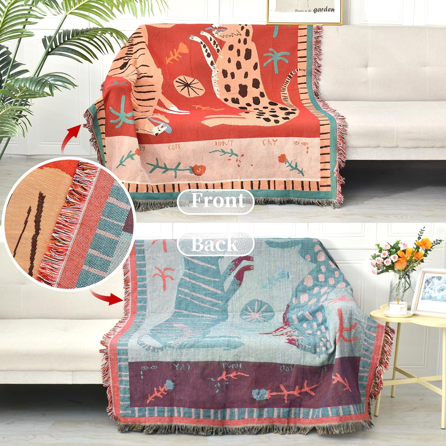 Boho Throw Blanket Reversible Cotton Bohemian Tapestry Hippie Room Decor Outdoor Blanket Double Sided (Boho Leopard 50"x60") - Image 3