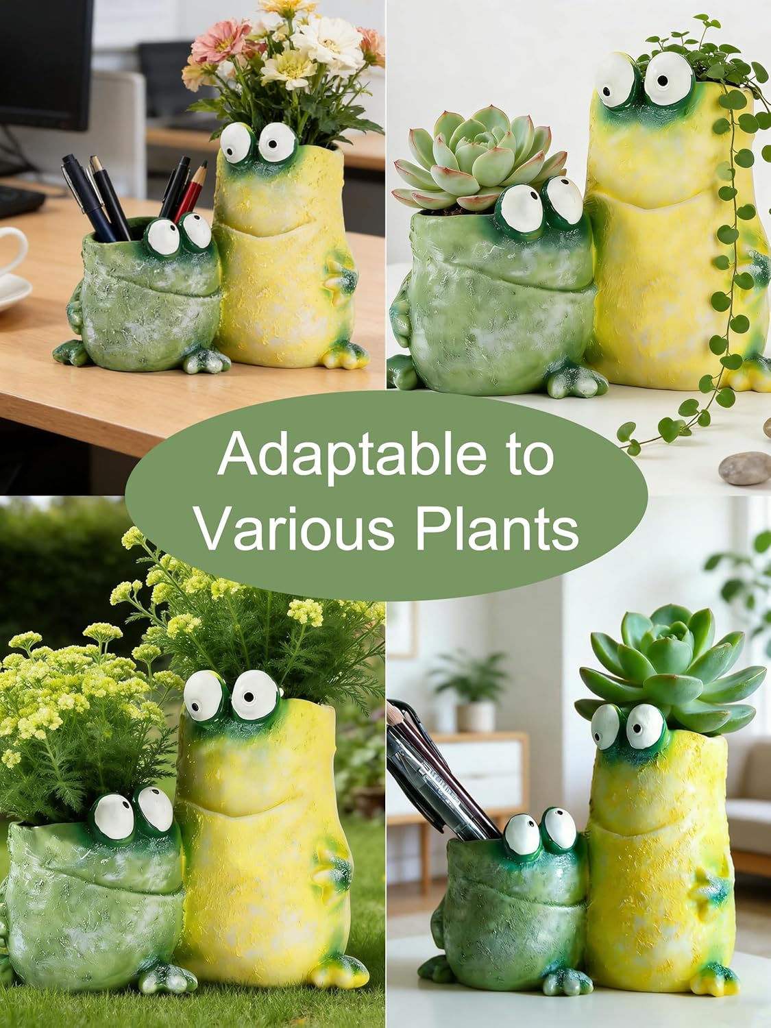 Frog Planter Pot with Drainage Hole – Resin Flower Pot & Pen Holder for Desk Décor, Indoor Home or Office Decoration