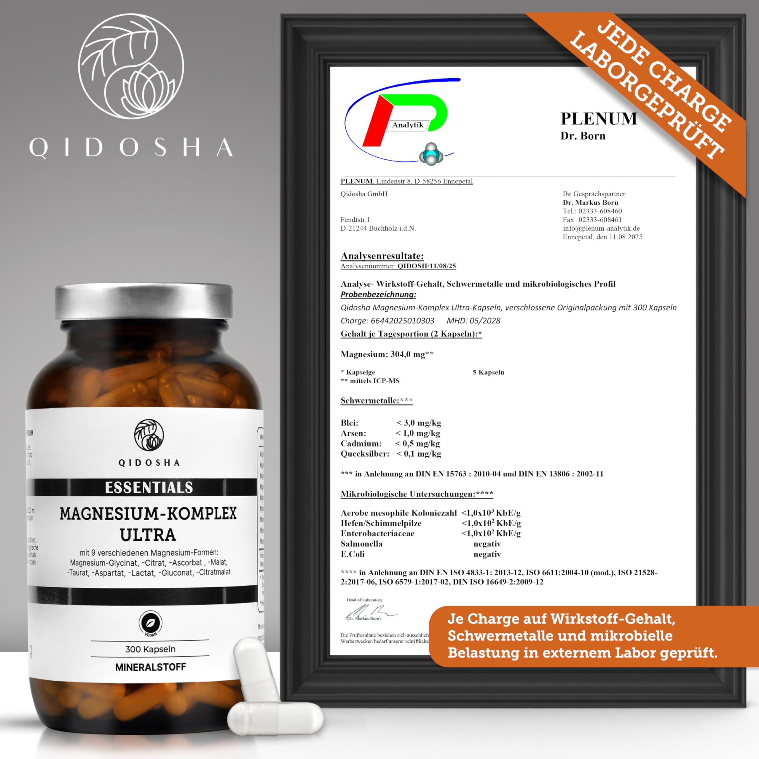 QIDOSHA® Magnesium Komplex hochdosiert, 300 Kapseln im Apothekerglas, 9 Mg-Formen mit sich ergänzenden Wirkschwerpunkten als Mg-Vollspektrum, 300mg elementares Magnesium/Tagesportion