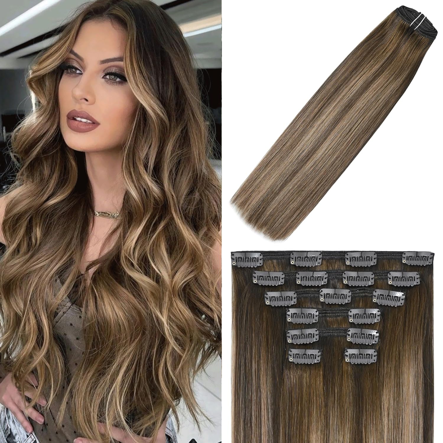 WindTouch Clip in Hair Extensions Human Hair, 15 Inch 75g #4 Medium Brown Hair Extensions for Women Real Human Hair Clip in, Remy Human Hair Extensions Clip ins, Soft Natural Straight — view 31