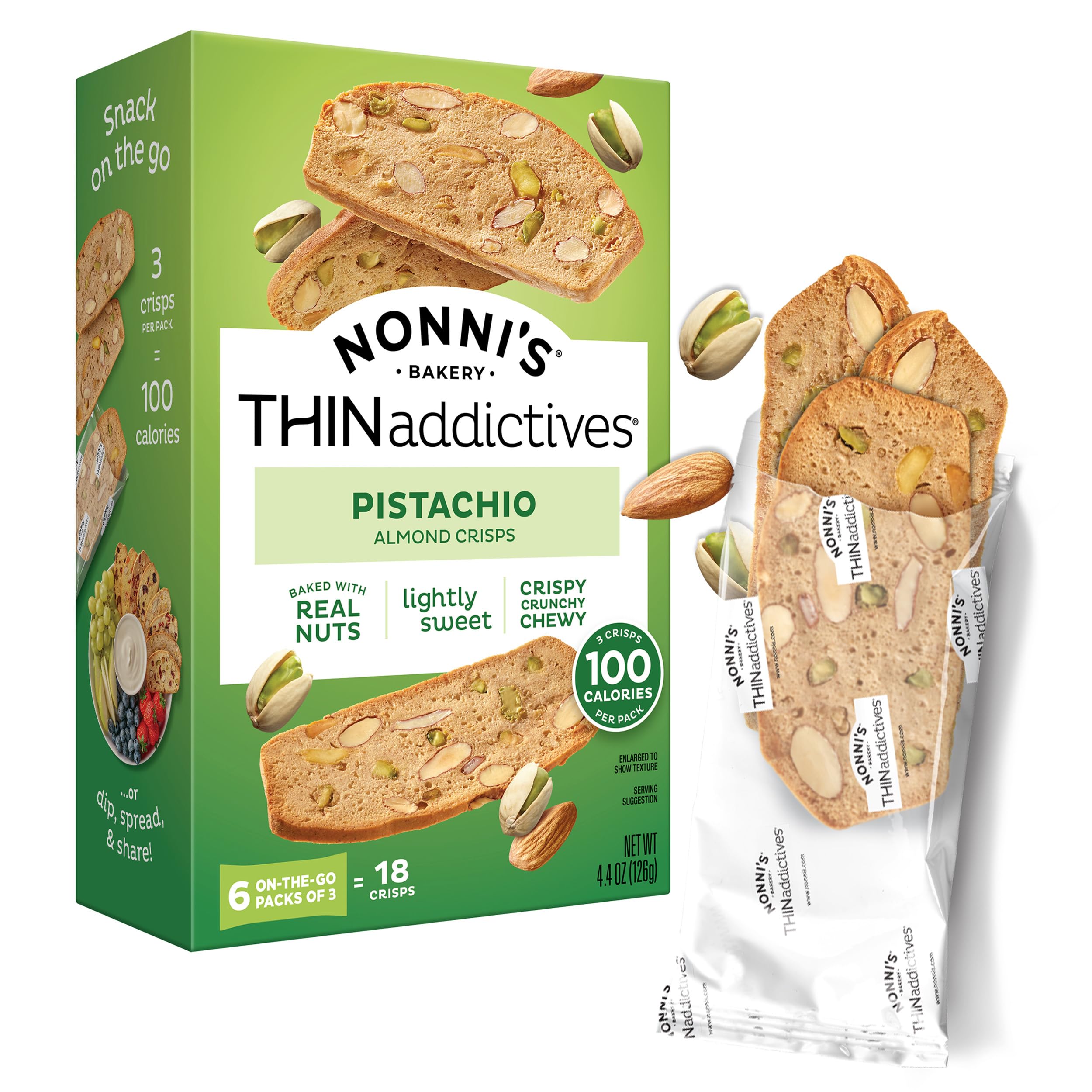 Nonni's THINaddictives Pistachio Almond Thin Cookies, 6 On-the-Go Packs | On-the-Go
