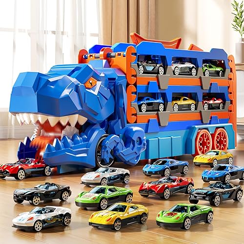 Miniatura 7 de Camión transportador de dinosaurios de juguete para niños de 3, 4, 5, 6 años, traje de pistas de autos para niños con 12 autos de carreras fundidos