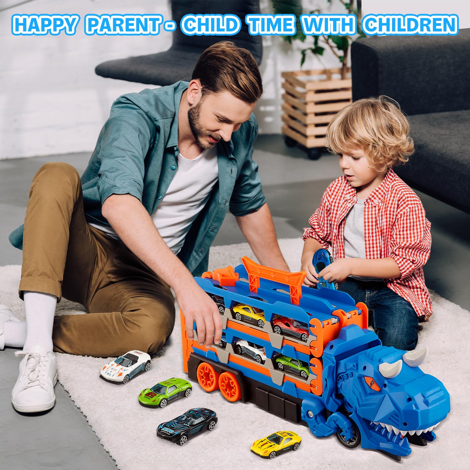 Jumkeet Dinosaurier LKW Spielzeug für Kinder ab 3 Jahren, Transporter Zum Schlucken mit 157cm Faltbarer Rennstrecke und 6 Mini Auto, Aufbewahrungsfunktion, Fahrzeug Sets Geschenk für Jungen Mädchen