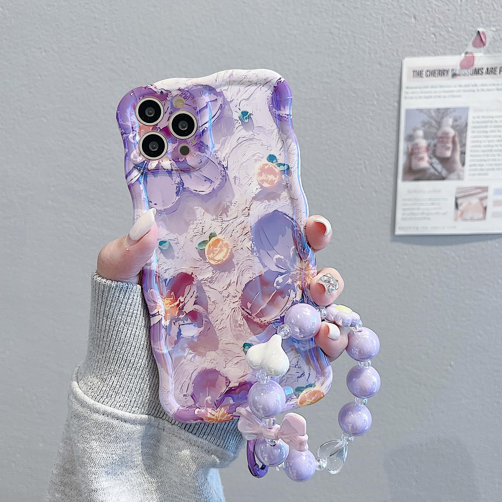 VALRION Compatible with iPhone 14 Pro Max Case Curly Wave Frame Vintage Oil Painting Floral Phone Case Soft TPU Cover with Bow Heart Beaded Bracelet