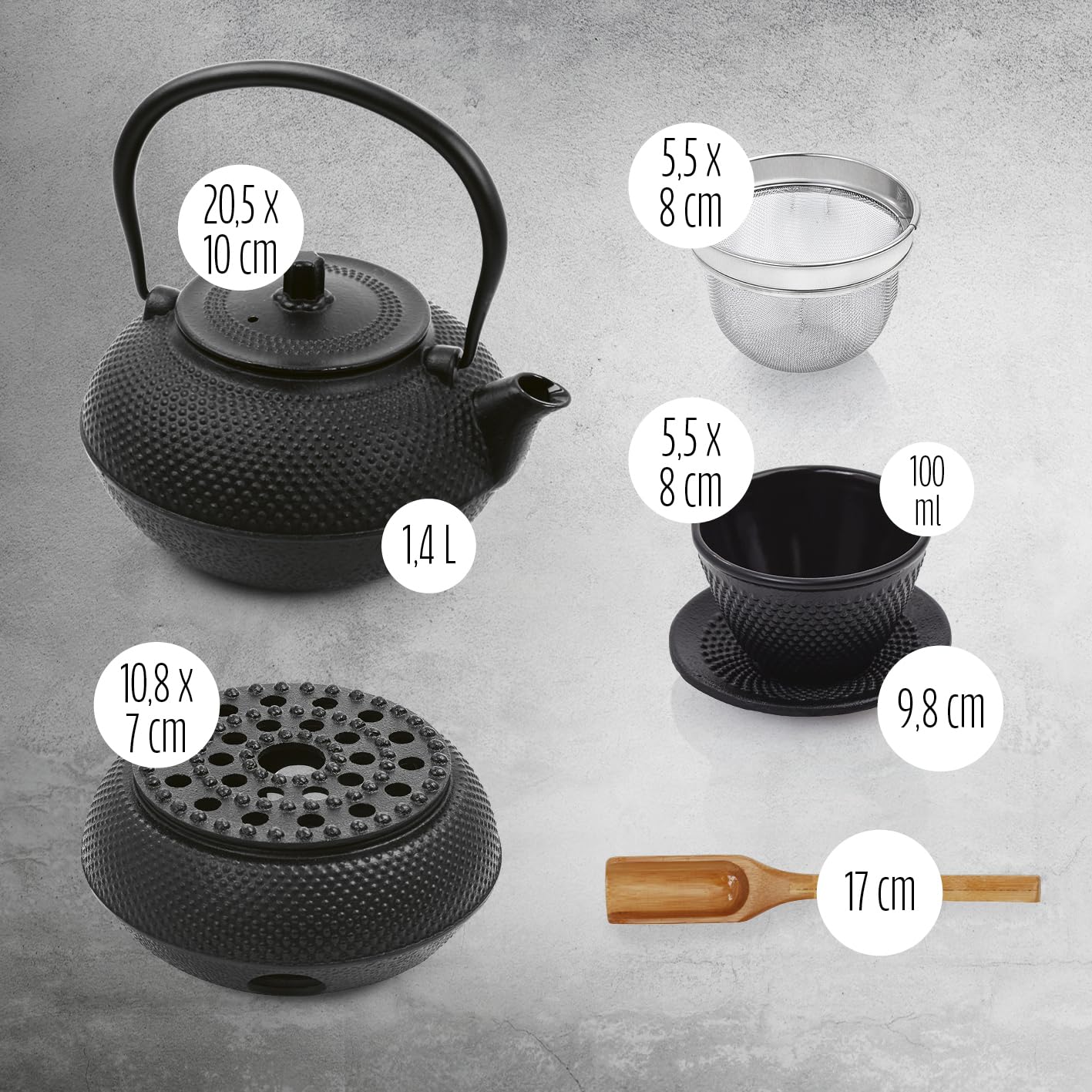 Lumaland Tee Set 8-teilig | 1,4 Liter Gusseiserne Teekanne Tetsubin | Stövchen aus Gusseisen | 2 Teebecher & 2 Untersetzer | Japanisches Teeset Inkl. Bambus Dosierlöffel & Edelstahl Sieb