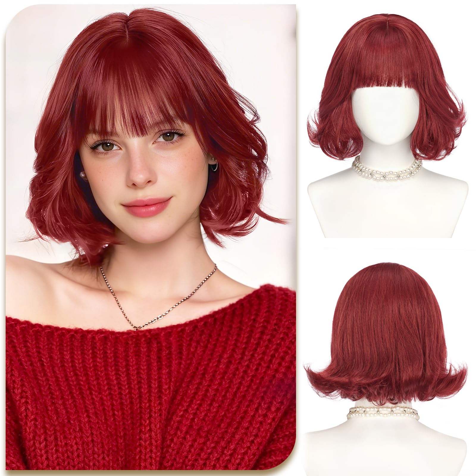 Sofeiyan Parrucca Bob Corta con frangia,30 cm Parrucca Sintetica Resistente al Calore,Rosso Ramato Bordeaux parrucche Glamour Vintage Donna Quotidiano Feste Compleanni Cosplay