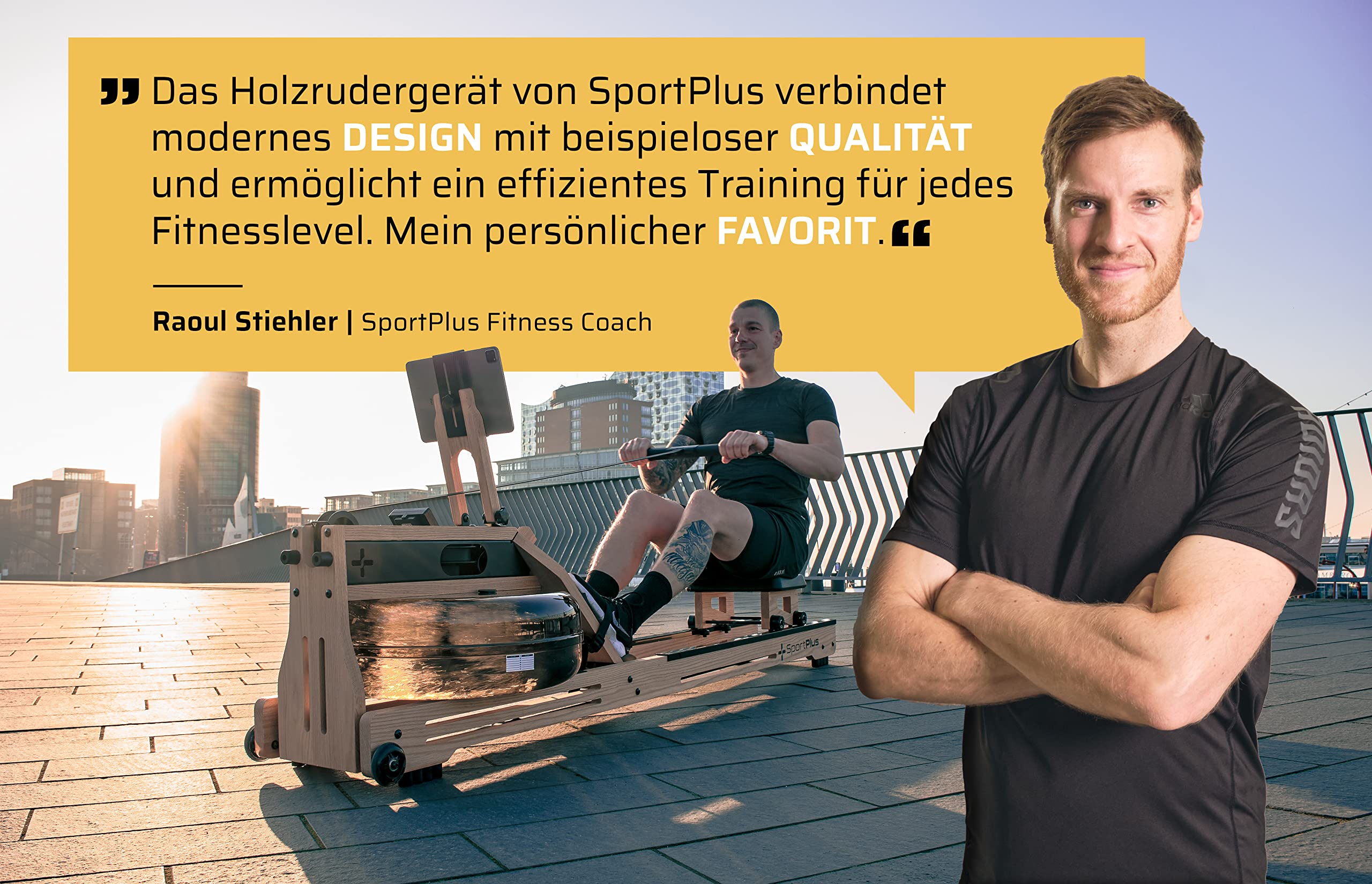 SportPlus Rudergerät für Zuhause Wasser - Wasserrudergerät Designed in Germany - Rudergerät Wasser klappbar Robustes Eichenholz - Premium Rudermaschine Holz bis 180 kg & 200 cm