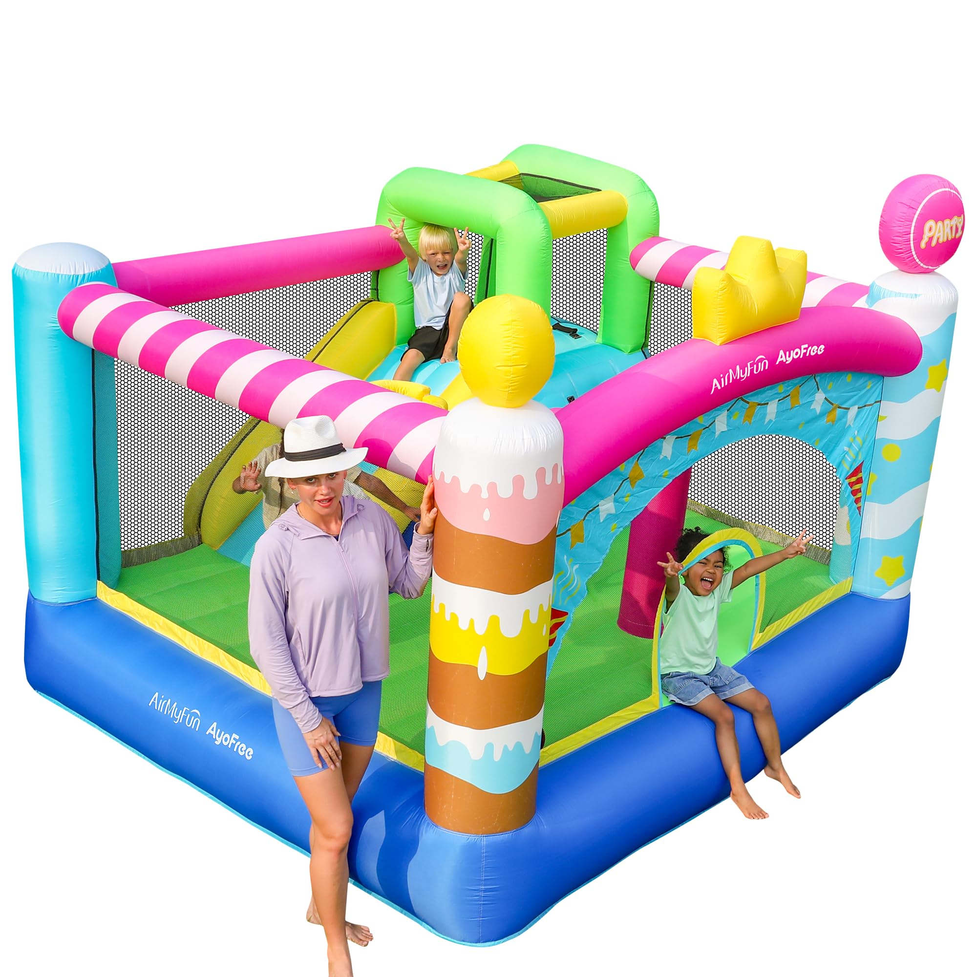 AirMyFun & AyoFree Bounce House, Bouncy House with Slide, Indoor Outdoor Inflatable Bounce House for Kids, Party Theme Bounce Castle with Large Jumping Area, Basketball Hoop