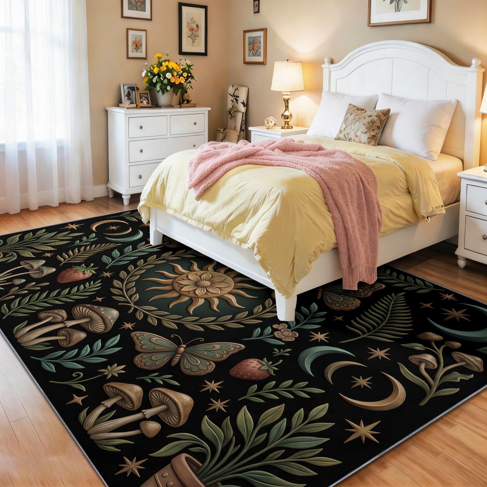 Antidérapant Papillon Soleil Lune Champignon Tapis Salon 140 x 200 cm, Fantastique Bohème Tapis Lavable Doux Poil Court, pour Cuisine Bain Chambre, Multicolore
