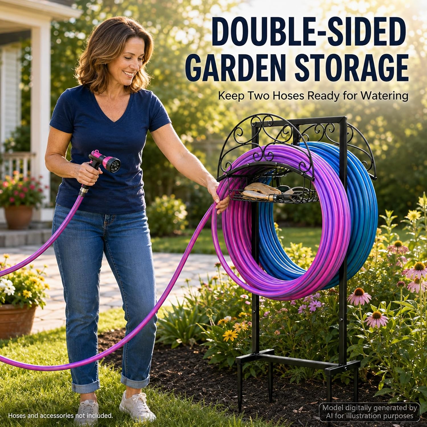 Garden Water Hose Holder Holds 2x150ft Pipes Freestanding Hose Stand Hanger with Storage Basket Heavy Duty Metal Hoses Organizer With 4 Spikes Rustproof Hoses Storage for Outdoor Yard Lawn Garden Farm image 5