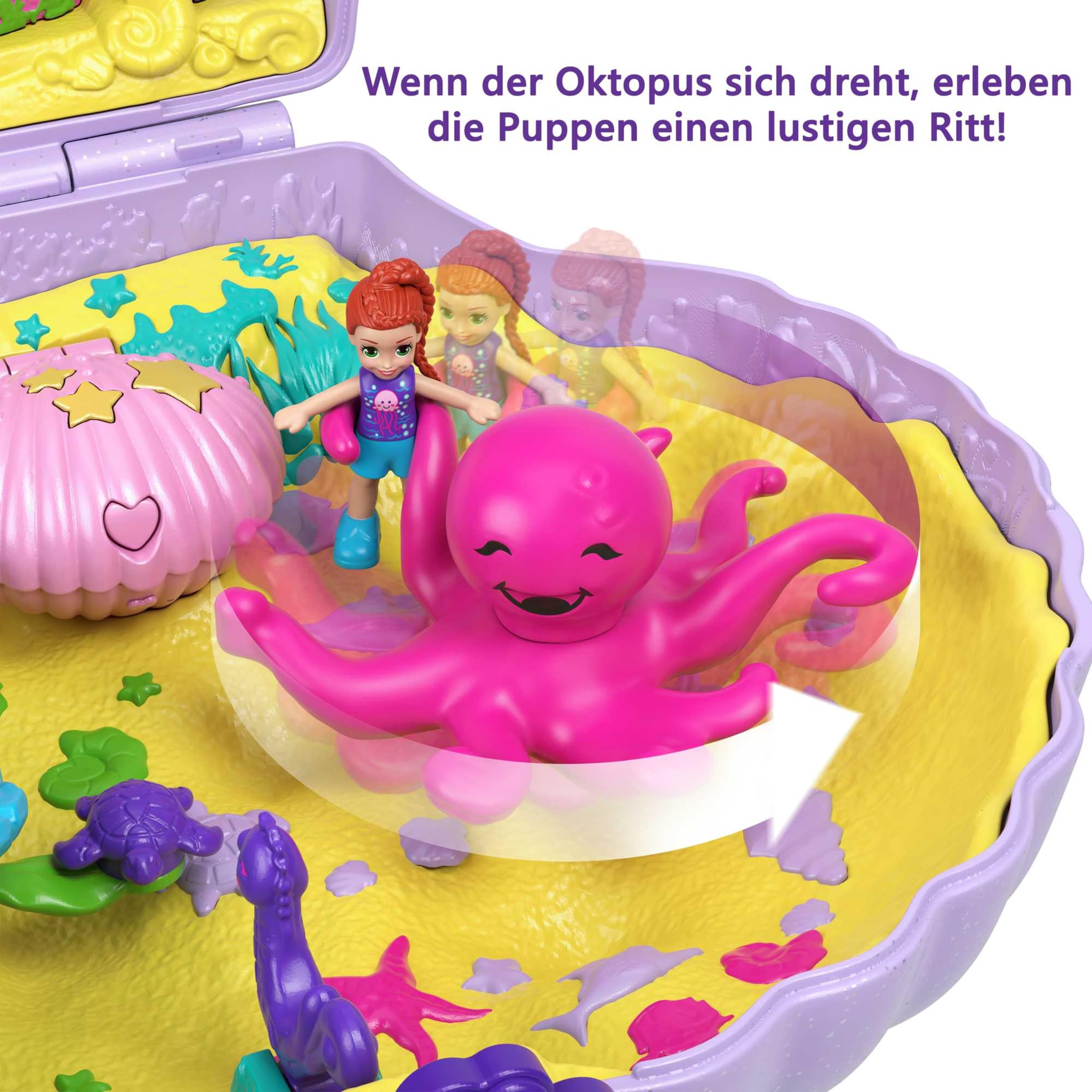 Polly Pocket Schatulle, Muschel Tasche zum Umhängen in Unterwasser Thema, mit 2 Puppen und 1 U-Boot, Polly Pocket Meerjungfrau Spielzeug, Spielzeug ab 4 Jahre, GNH11