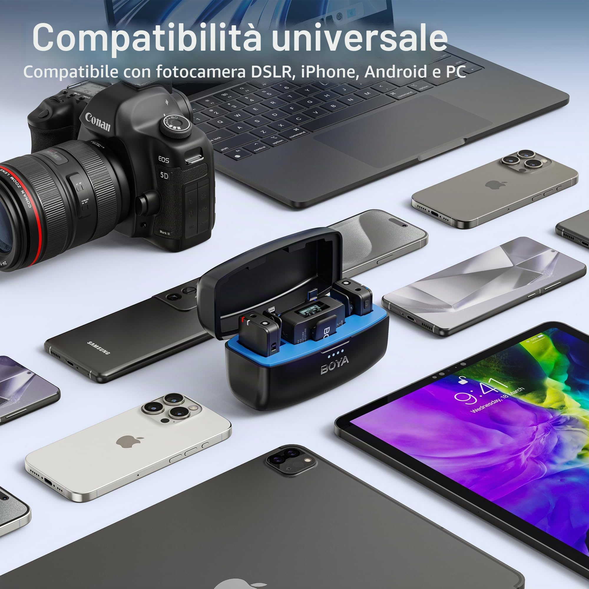 Boya Boyamic, microfono lavalier wireless per fotocamera iPhone e smartphone Android, registrazione integrata, portata 200 m, microfono wireless con clip per streaming live e registrazione podcast