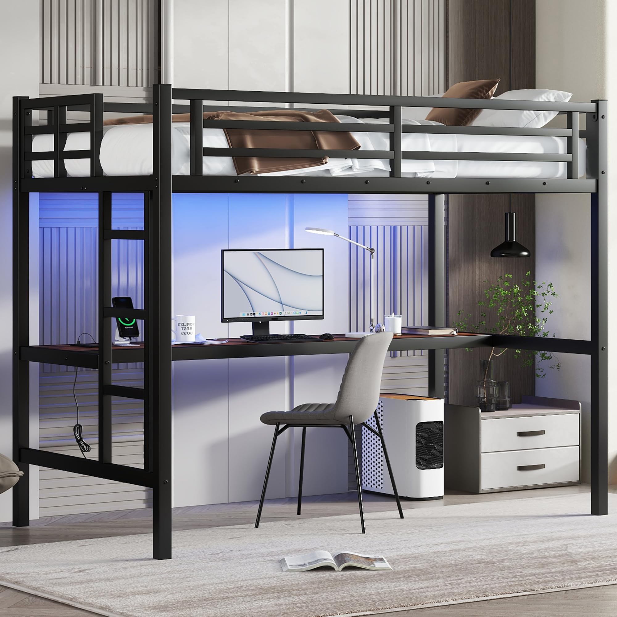 Twin XL Loft Bed with Desk and Charging Station(USB Port & Outlets), Twin XL Loft Bed with RGB LED Light, Heavy Duty Metal Loft Beds for Adults, Teens, Noise Free Design, Space Saving(Black)