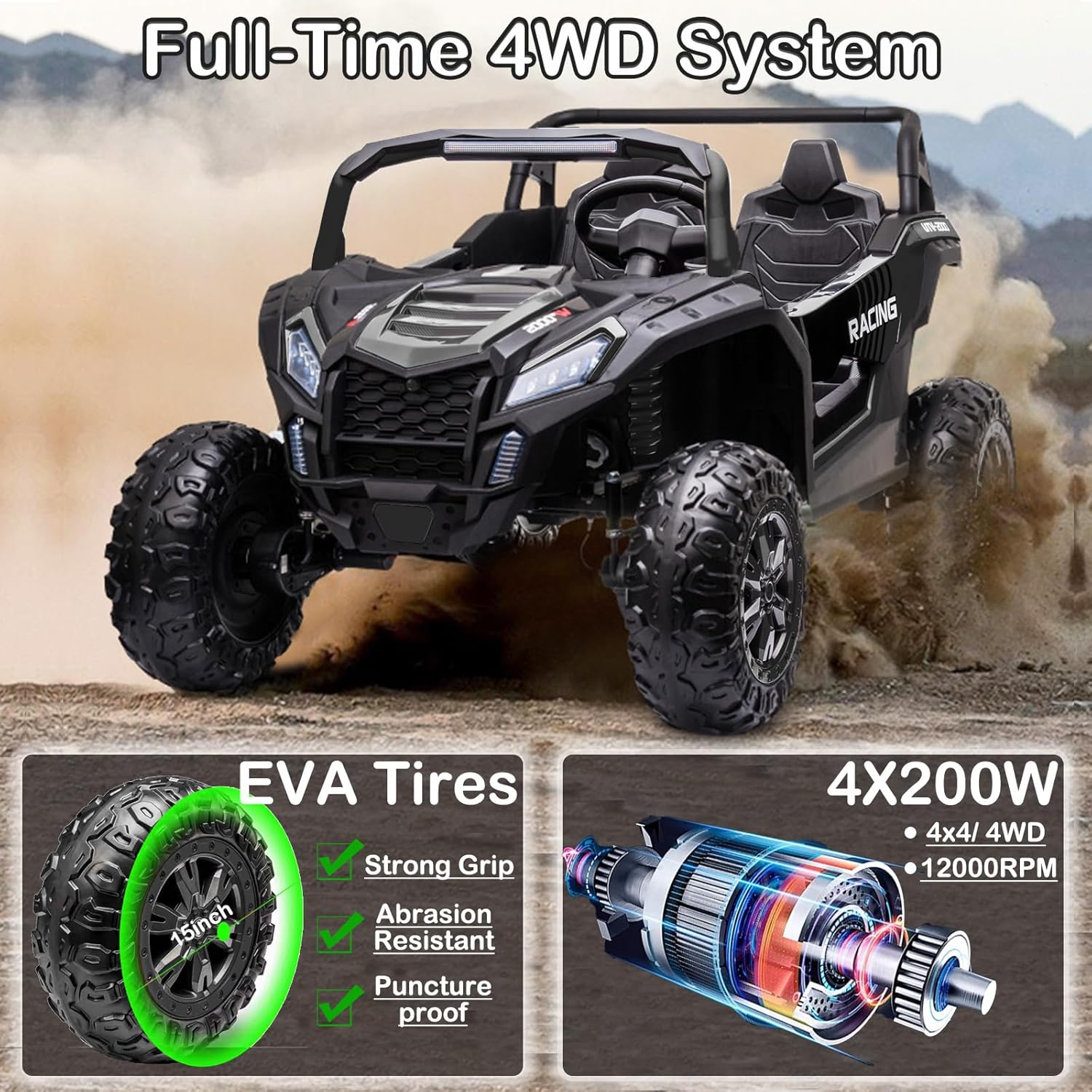 NEWQIDA XXXL 24V Ride On Toys for Big Kids UTV 2 Seater Electric Car w/Remote Control, 4WD Off-Road Side by Side, Max 220lbs, 24.8" Spacious Seat, EVA Tires, Up to 5.6 MPH, Rear Shock Absorbor, Black