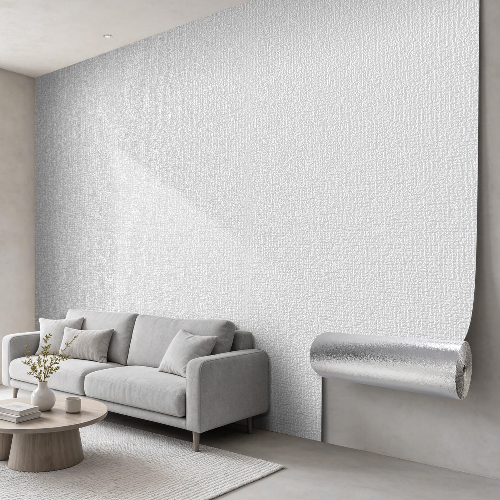 Pamatio Peel and Stick Wallpaper White Linen Textured - 8 Roll Thermal Thick Self Adhesive Wallpaper Fabric Effect DIY Sticky Wall Covers for Bedroom Living Room Kitchen Mould Wall Decor,2.8m x 0.5m