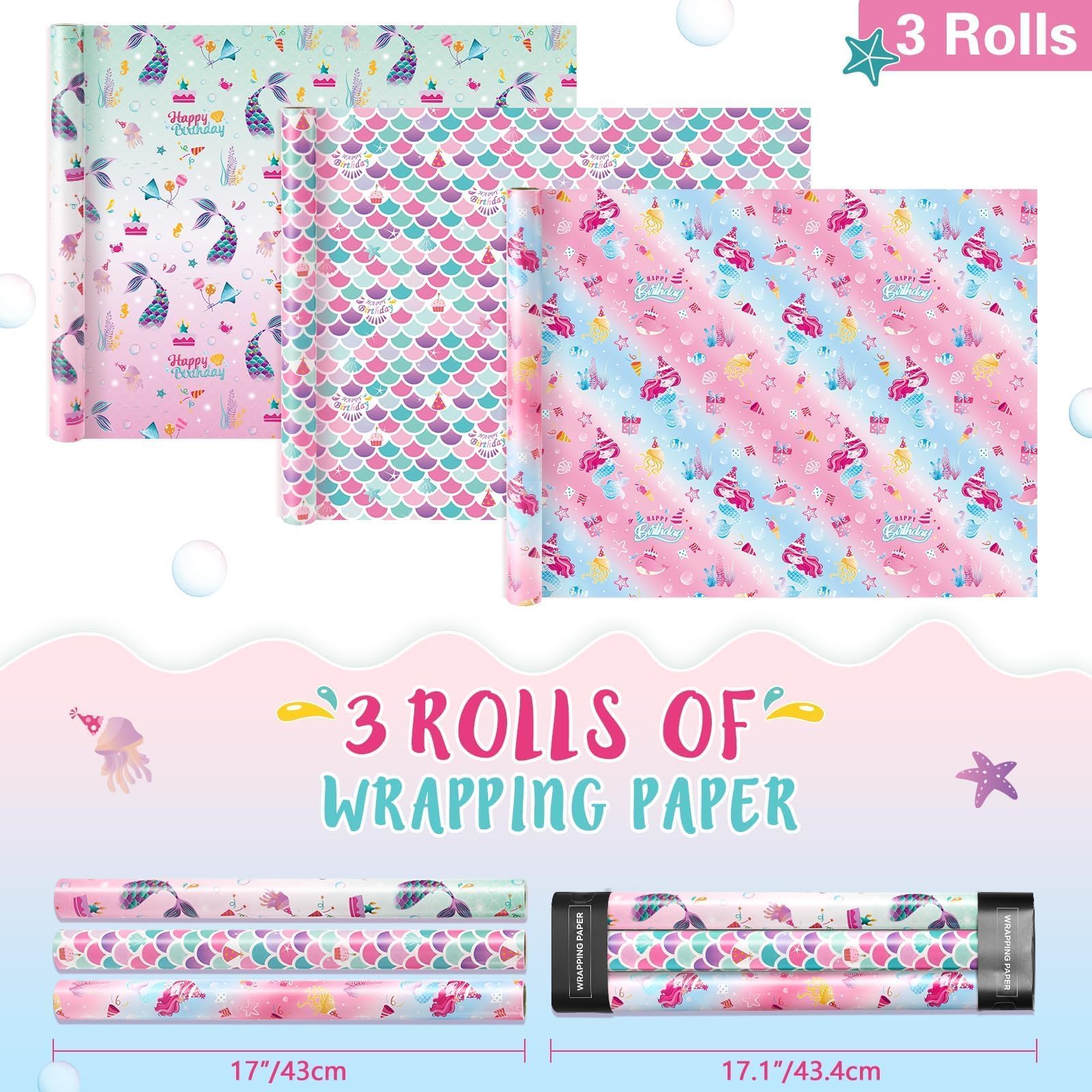 Rollos de Papel de Regalo de Sirena - 3 Rollos 43 cm x 3 m Rollos de Papel de Regalo de Cumpleaños para Niñas Sirena Rosa con Líneas de Corte