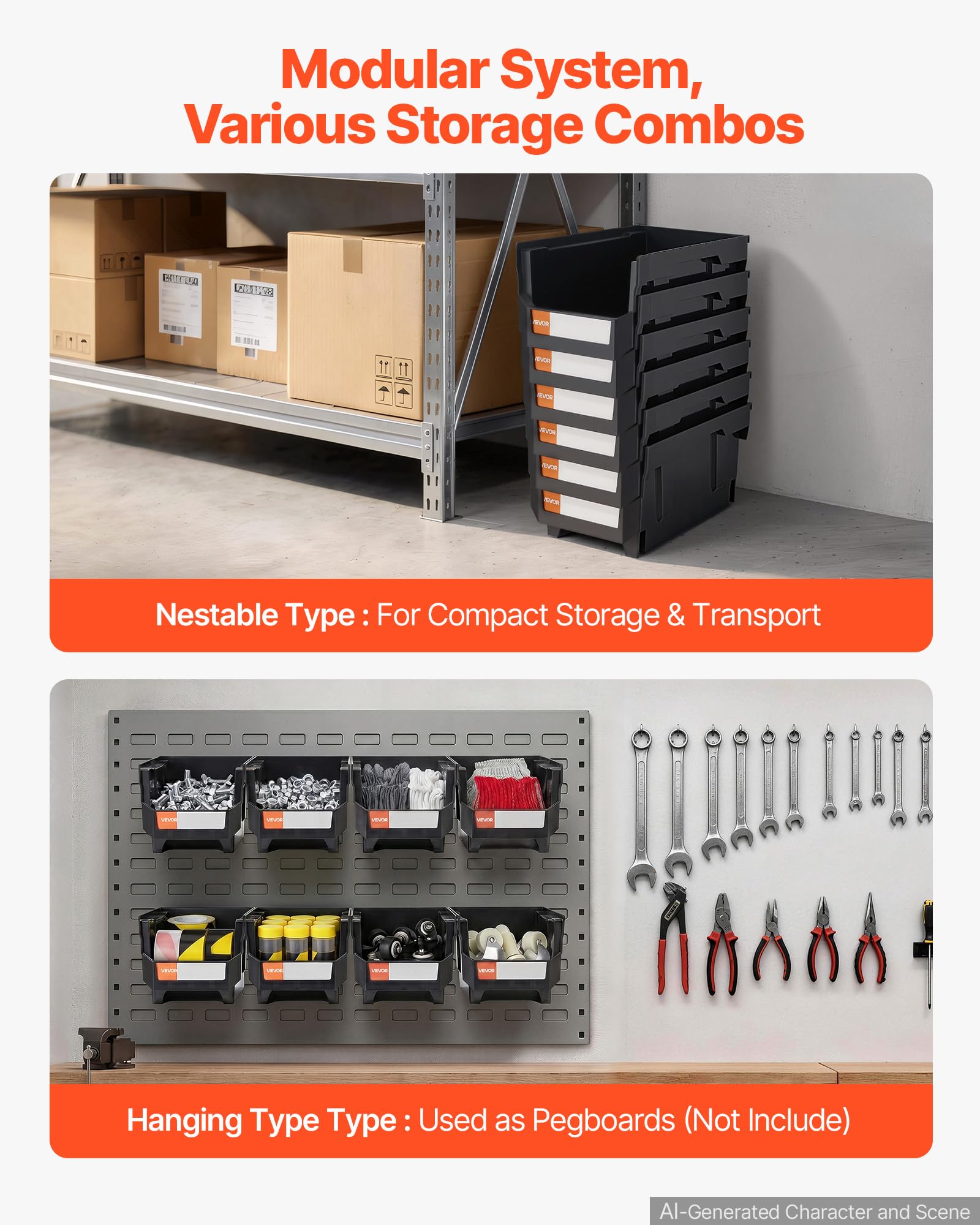 VEVOR Bac à Bec Empilable Lot de 6 Bacs de Rangement Plastique, 37,7 x 21,5 x 18 cm, Boites Rangement Empilables pour Atelier, Garage, Petites Pièces, Fournitures de Bureau et Autres Accessoires, Noir