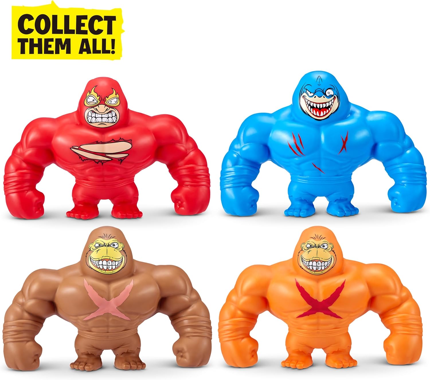 Four ZURU Smashers SLAM Heroes figures: a red one, a blue one, a brown gorilla, and an orange gorilla.