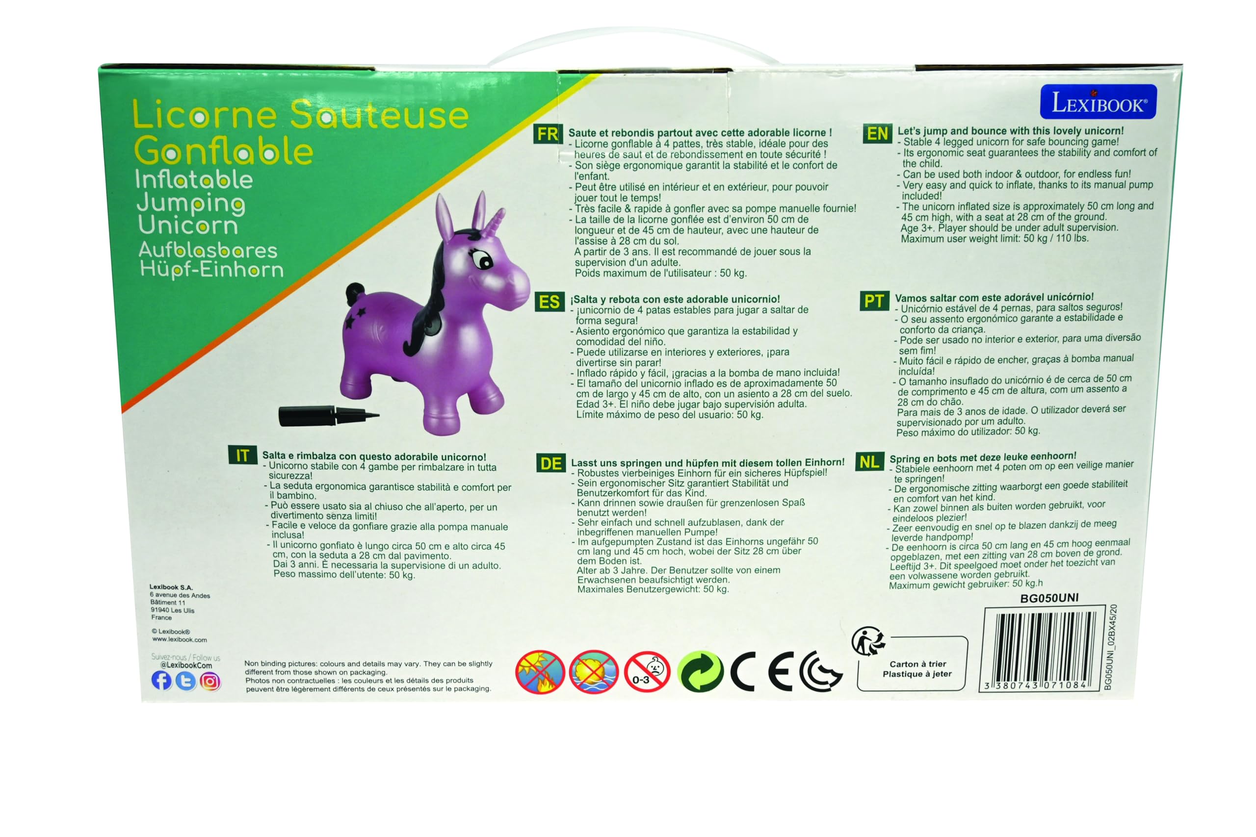 Lexibook Unicorno da Salto Gonfiabile, per Uso Interno ed Esterno, per Lo Sviluppo dell'equilibrio e delle capacità motorie, Pompa Manuale Inclusa, Plastica sicura e Durevole, Rosa, BG050UNILXB