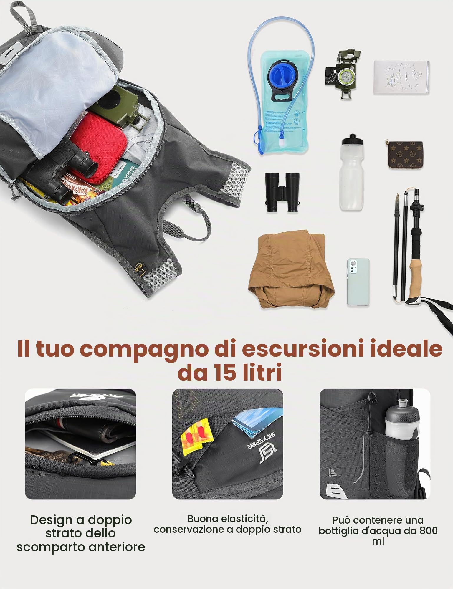 SKYSPER Zaino Trekking 15L Leggero e Traspirante per Uomo e Donna | con Cintura in Vita Regolabile, per Escursioni, Camminate, Viaggi e Attività All'Aperto
