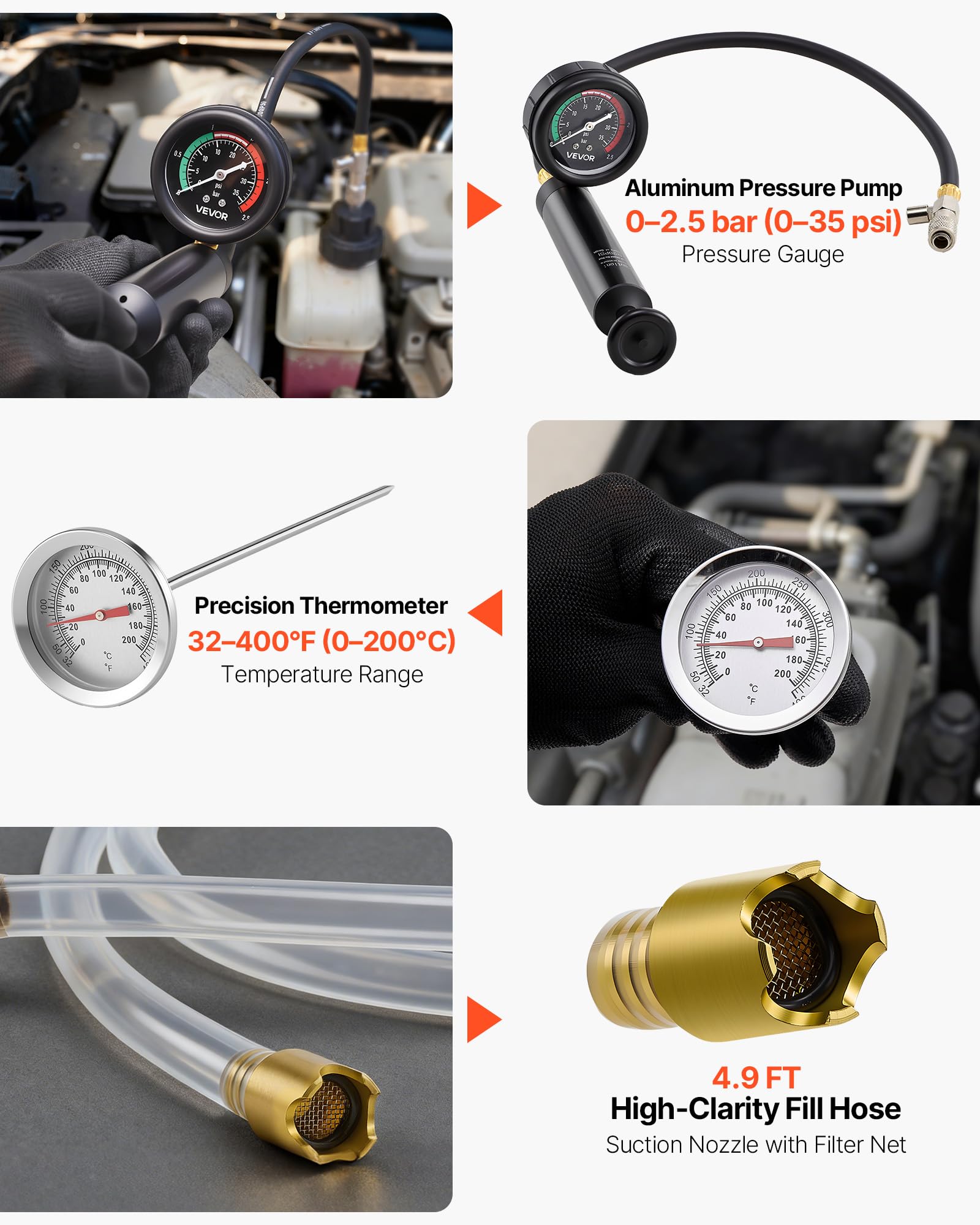 VEVOR Juego de 47 Manómetros de Refrigerante con 3 Adaptadores Metálicos, Ajuste Universal, para Sistemas de Refrigeración de Automóviles, con Bomba de Presión y Llenador de Aluminio y Plástico