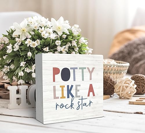 Miniatura 3 de SRADMO Letrero de madera con texto en inglés "Potty Like a Rock Star, decoración de escritorio, divertida caja de bloques de madera para baño,