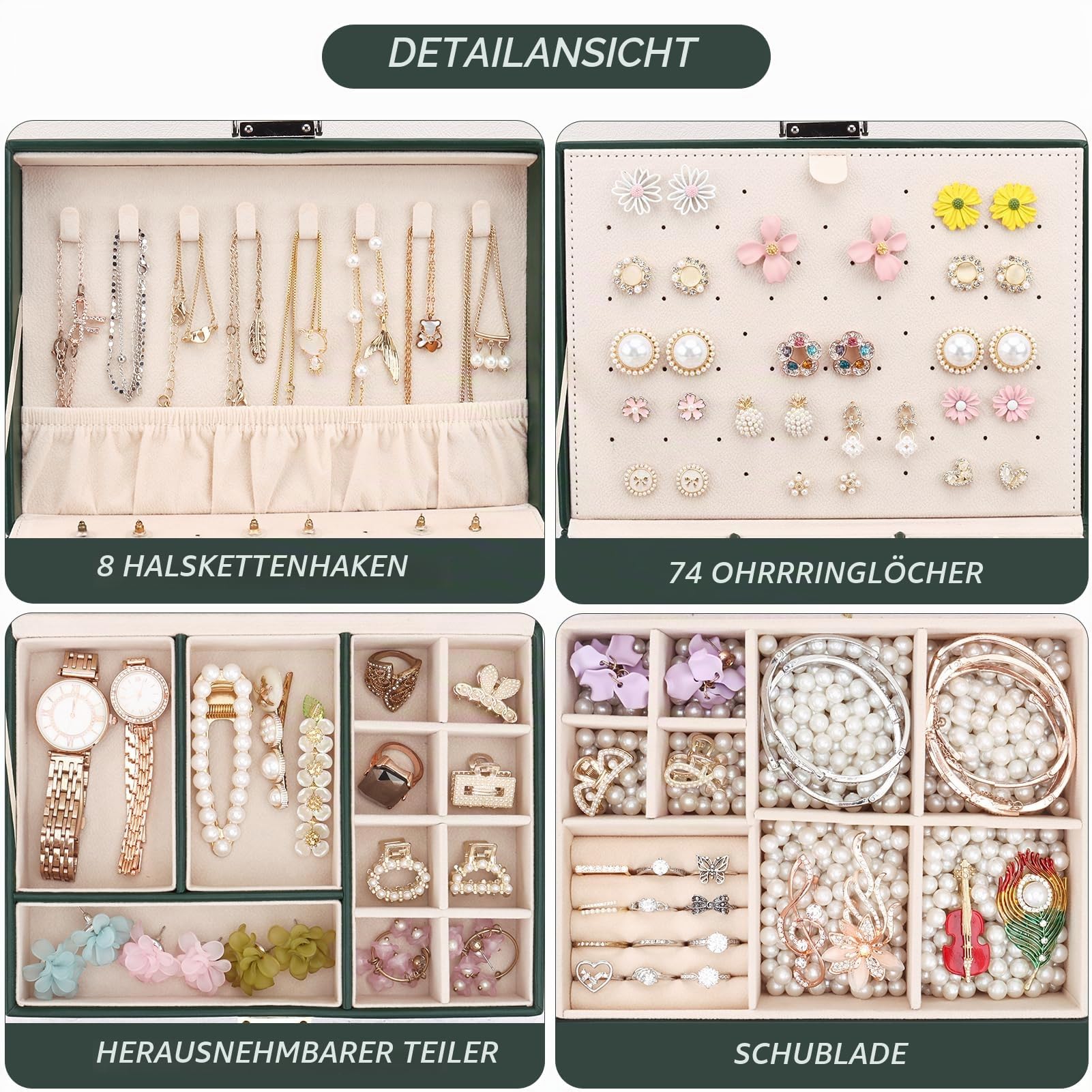 Schmuckkästchen mit 2 Ebenen mit Schubladen, Groß PU Leder Schmuckbox mit tragbarem Reise Schmuckkasten, Schmuckschatulle Damen Mädchen für Ringe, Ohrringe, Armbänder, Halsketten, Dunkelgrün