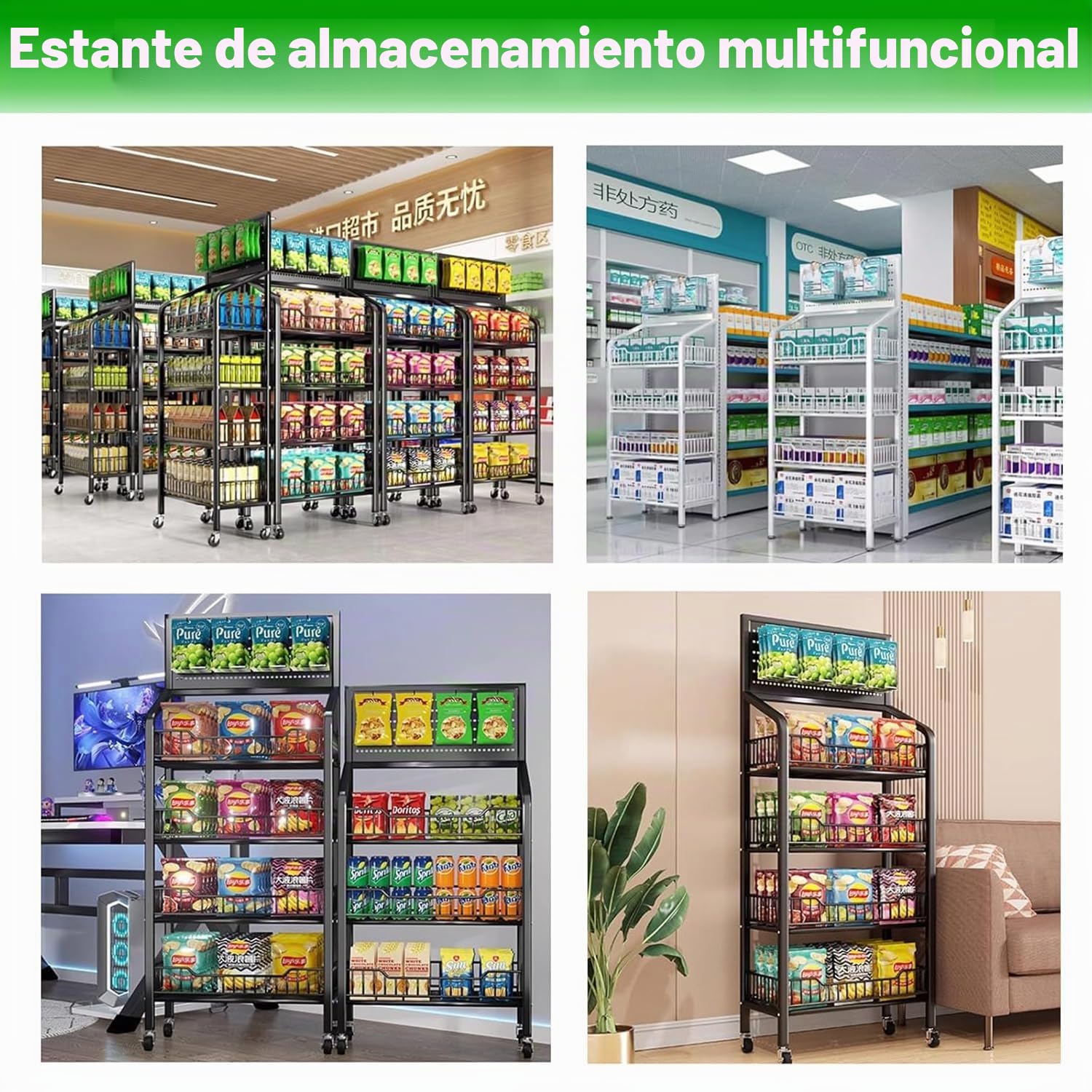 Estante de Aperitivos del Supermercado de 5 Niveles, Estantes de Exhibicidón de Metal con Ruedas, Grande Estante para Aperitivos con 15 Ganchos para Tiendas, Supermercados, Cocinas