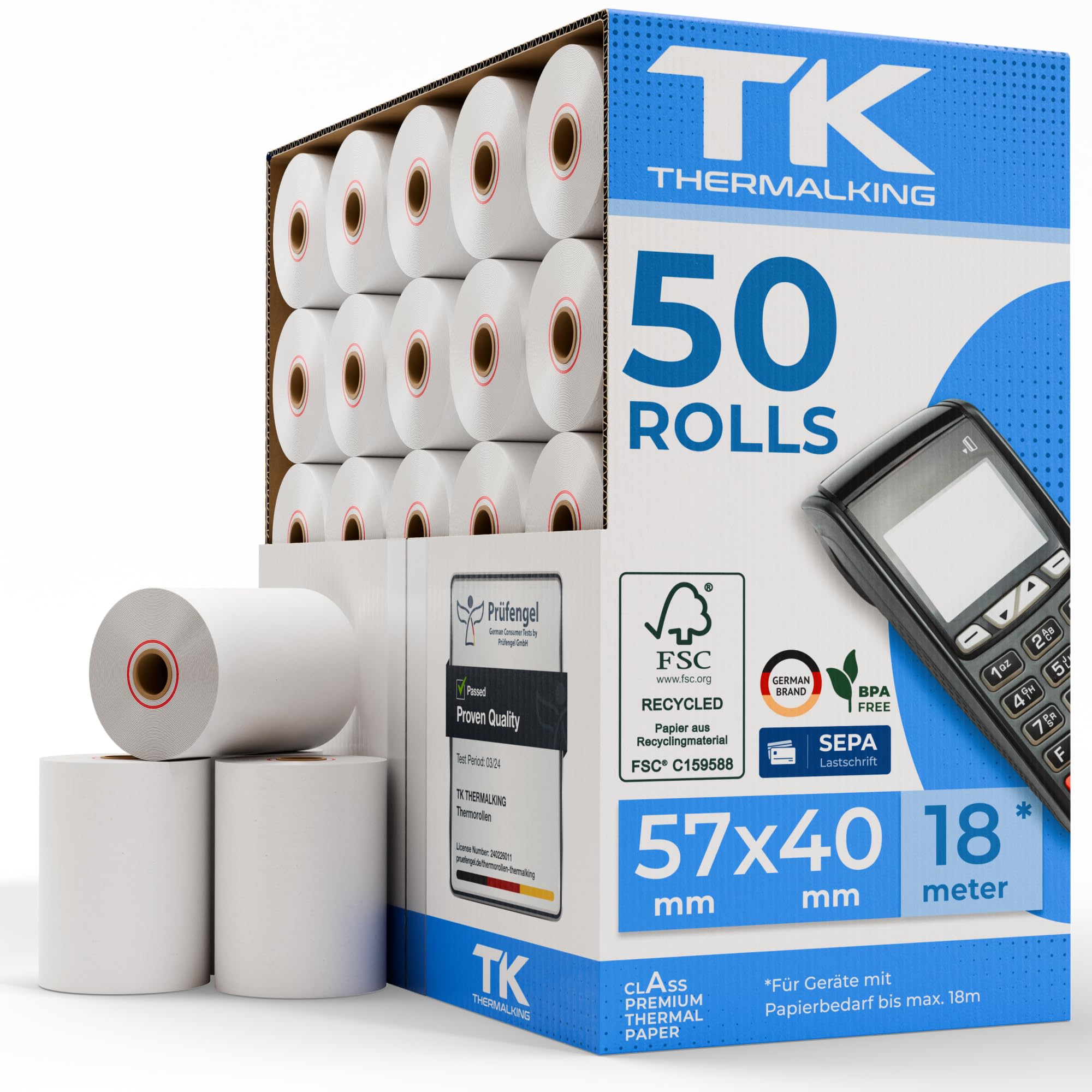 THERMALKING EC Cash Rollen Thermopapier 57mm x 40mm x 12mm - Thermorollen 57x40x12 für EC & Kredit-Kartenlesegeräte - Bonrollen mit SEPA-Lastschrifttext - Für Systeme bis 18m Papierbedarf (50 Stk)