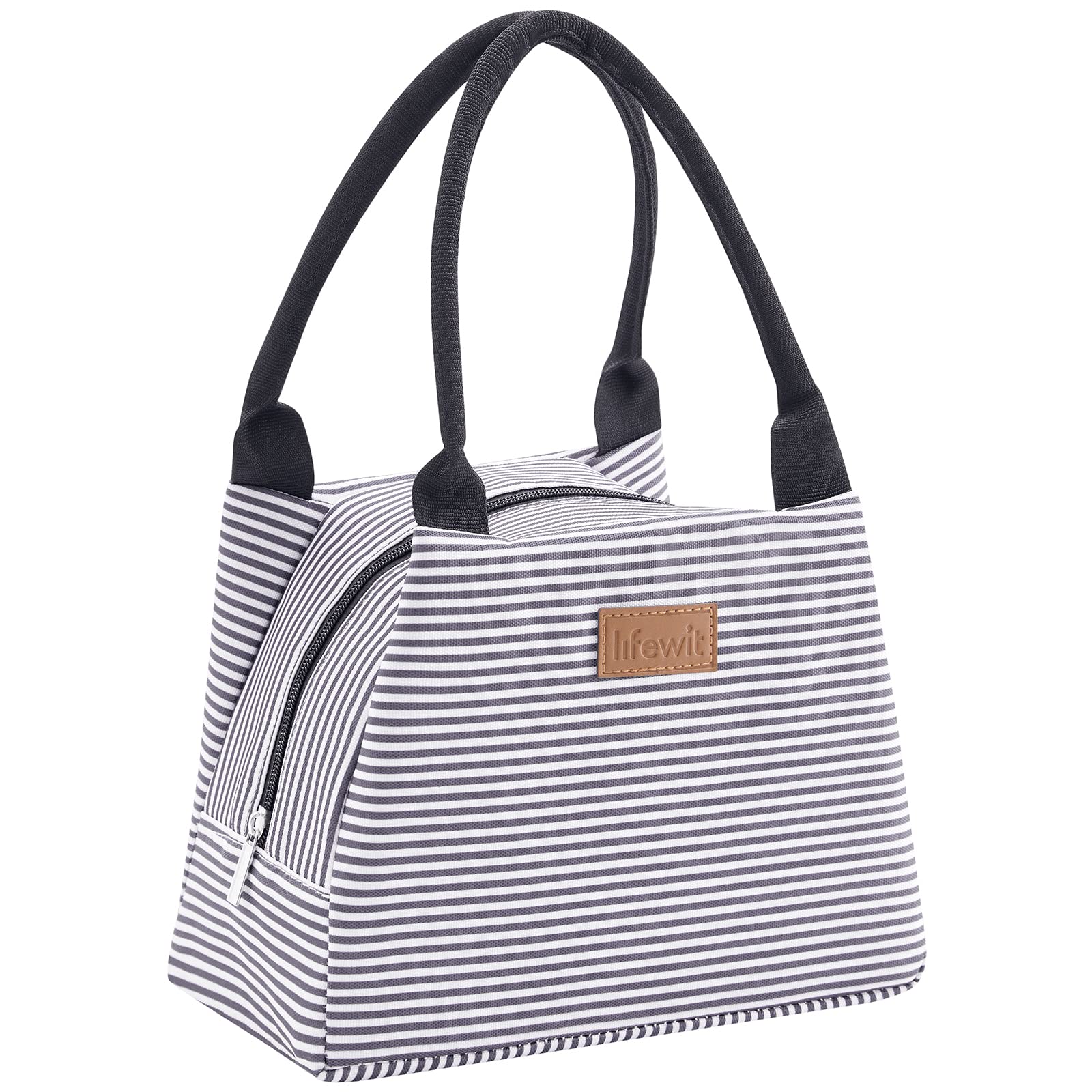 Lifewit Bolsa de Almuerzo para Mujer Hombre Mediana, Bolso Aislante, Bolsa Térmica Porta Alimentos Reutilizable para Comida Preparada, Trabajo, Escuela, Viaje, Franjas Negro-Blanco