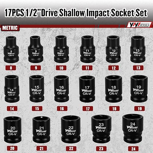 Miniatura 2 de Juego de llaves de vaso de impacto poco profundas de 12 pulgada (0.315-0.945 in), juego de llaves métricas, 6 puntos, acero CR-V para mantenimiento