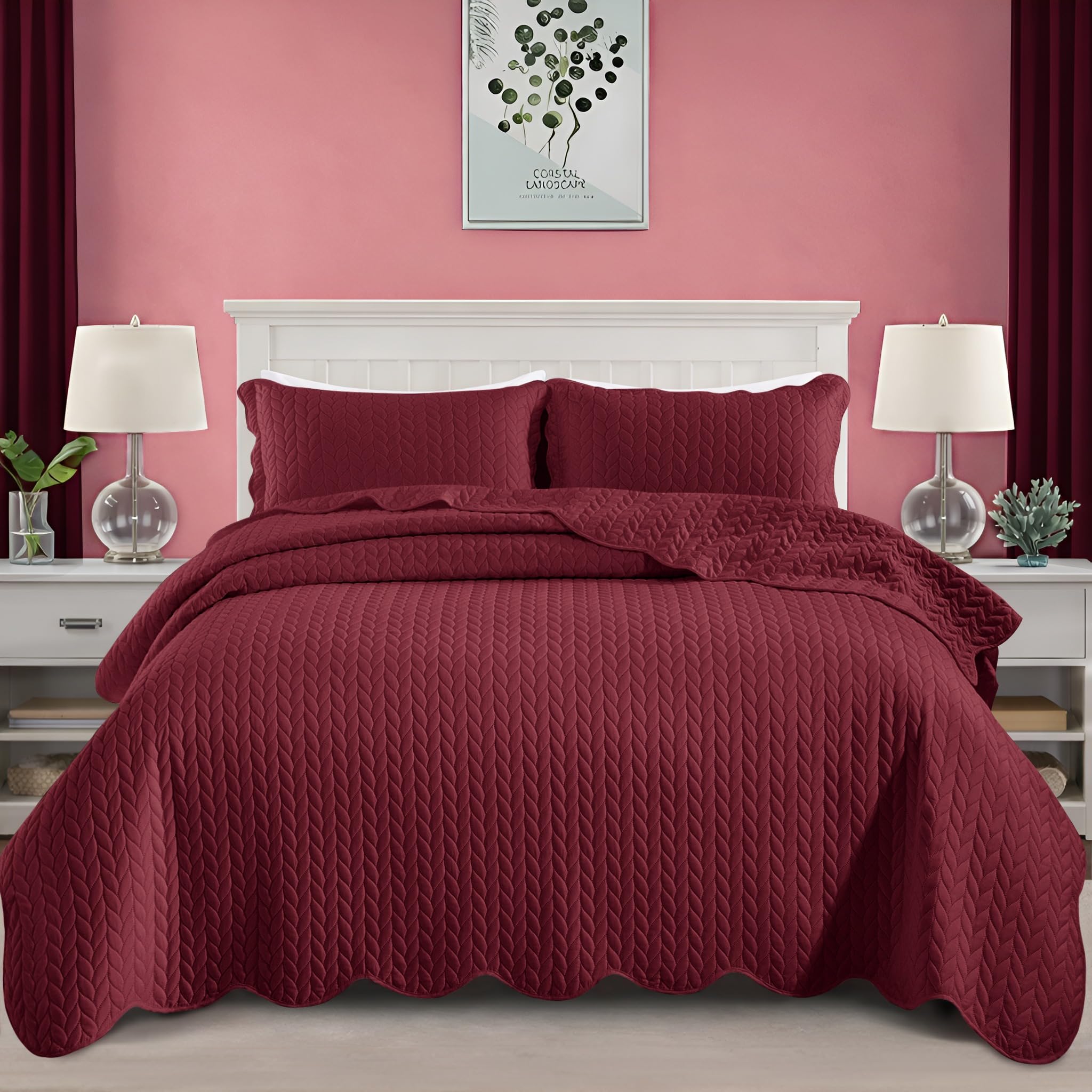 Twin Quilt Set Bedspread Coverlet Microfiber Bedding Leaf Burgundy 68x86