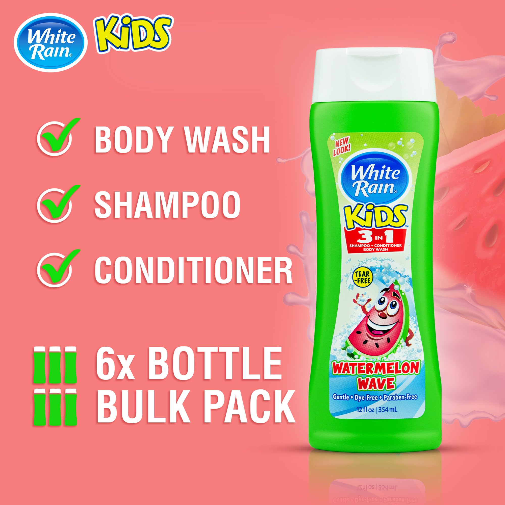 White Rain Kids 3 in 1 Watermelon Wave Pack of 6 - Kids' Shampoo, Conditioner, and Body Wash - Kids Tear Free Shampoo - Dye Free Kids 3 in 1 Body Wash and Shampoo - 12oz Each