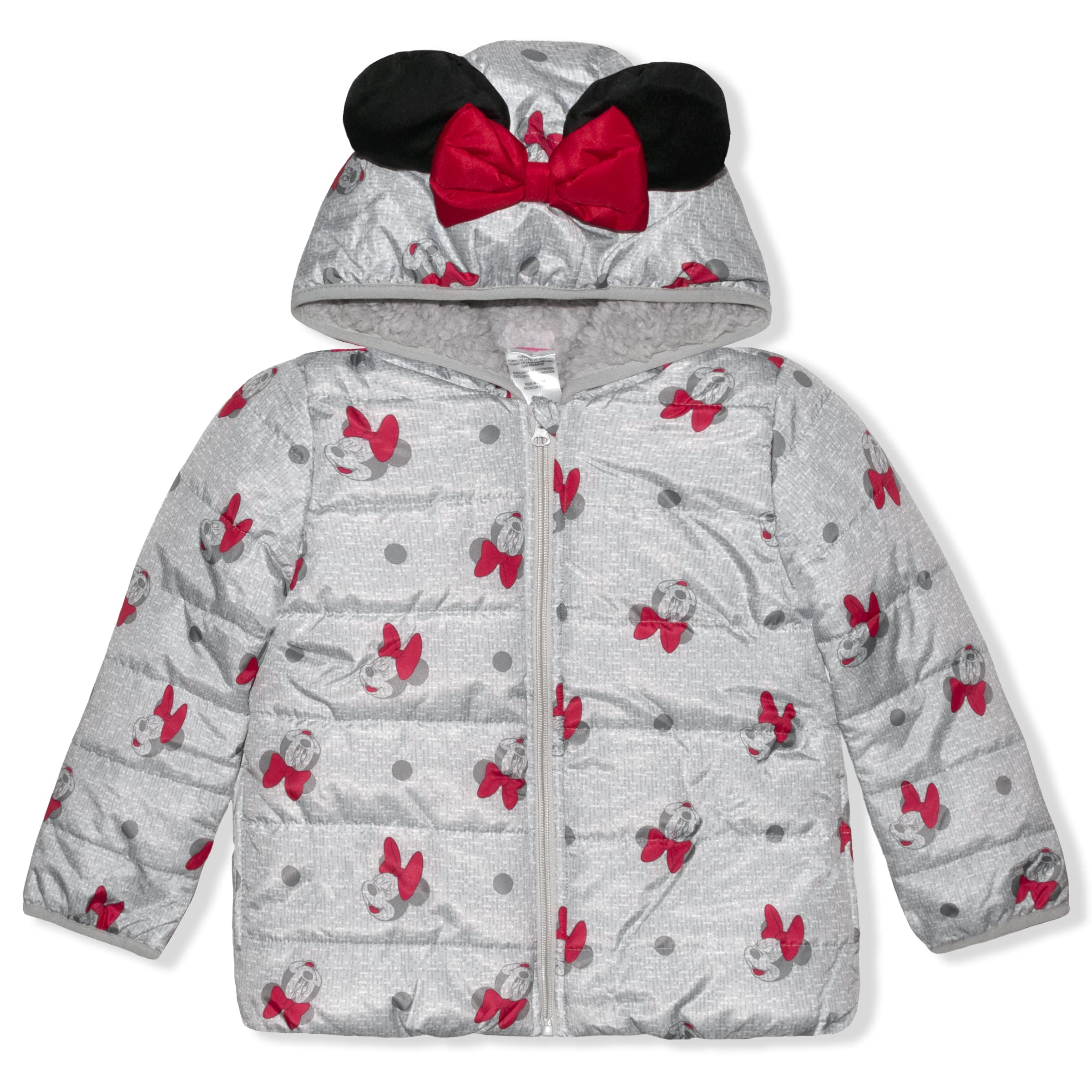 DisneyGirl's Minnie Mouse Print Hooded Puffer Jacket with Ears and Bow