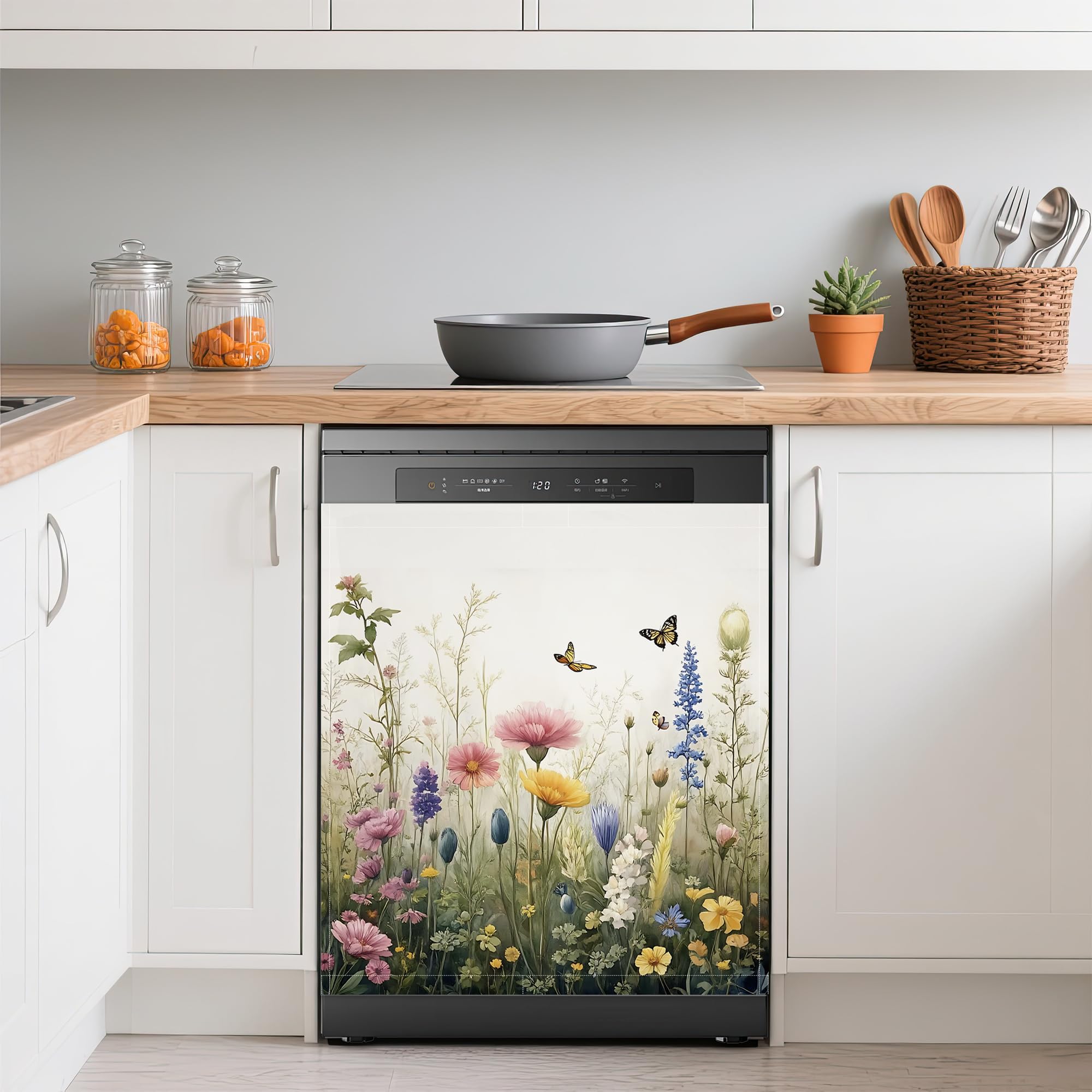 Dishwasher Magnets Decorative Cover,Rustic Wildflowers Refrigerator Magnet Cover,Washable Spring Garden Floral Butterfly Dishwasher Front Panel Cover Home Kitchen Decoration 23x26 Inch