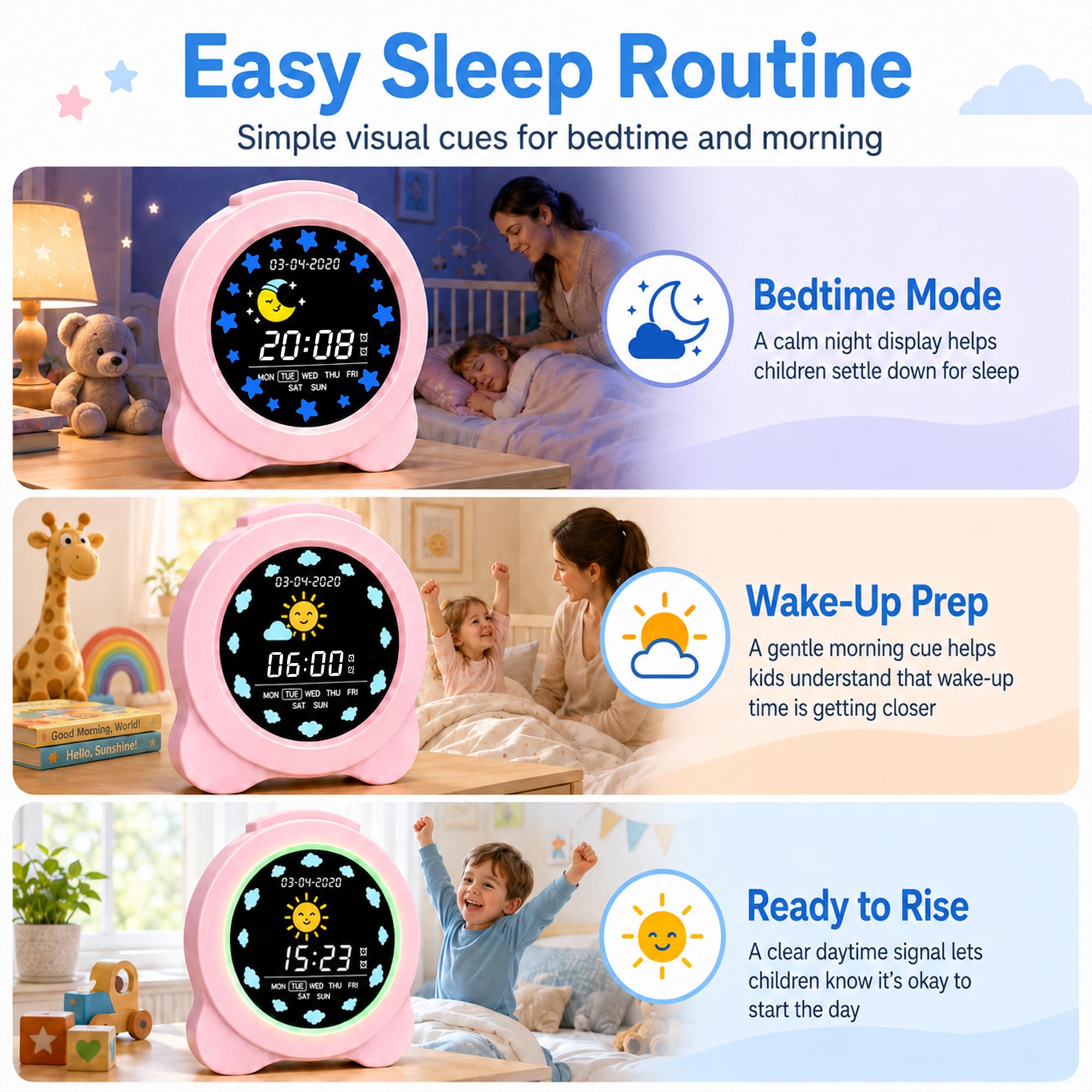 auvstar Sveglia Bambini,Sleep Trainer Clock,Sveglia Digitale per Bambini per l'allenamento del Sonno,Display 3.6 LCD con Modalità per Mattina e Notte, 6 Suoni di Allarme,Alimentato Tramite USB