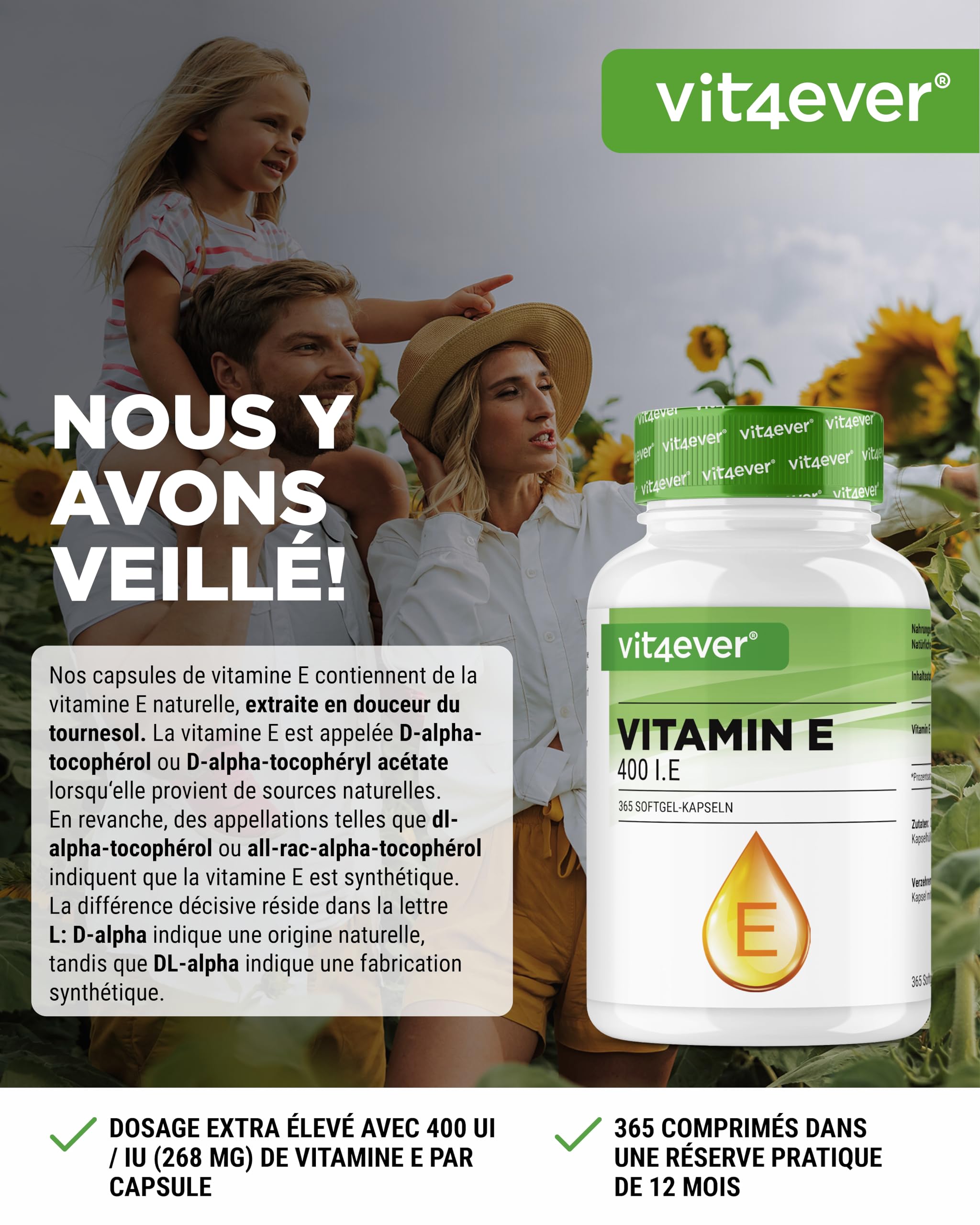 Vitamine E 400 U.I. naturelle - 365 capsules softgel - Premium : vitamine E naturelle de tournesol - 12 mois d'approvisionnement - fortement dosé
