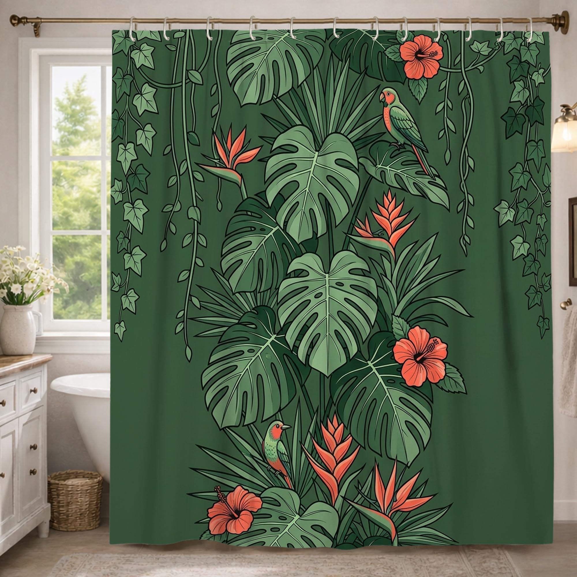 Rideau de douche tropical Monstera pour transformer la salle de bain en oasis d'été
