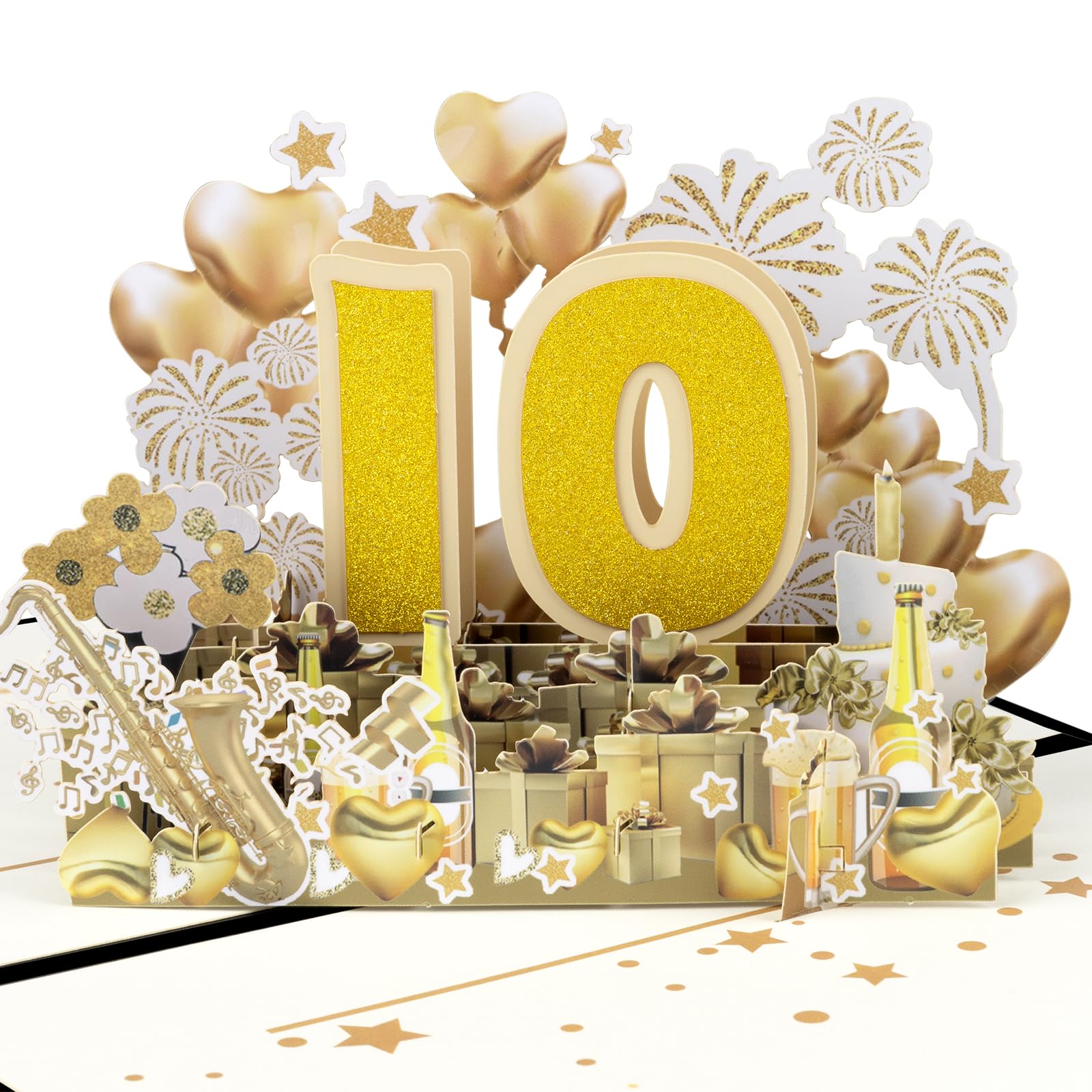 10th Anniversary Golden Gift Pop Up Greeting Card with Blank Note & Envelope, ideal celebration gift for Valentine's Day, Love, Birthday, Special Moments, Wedding, Holiday