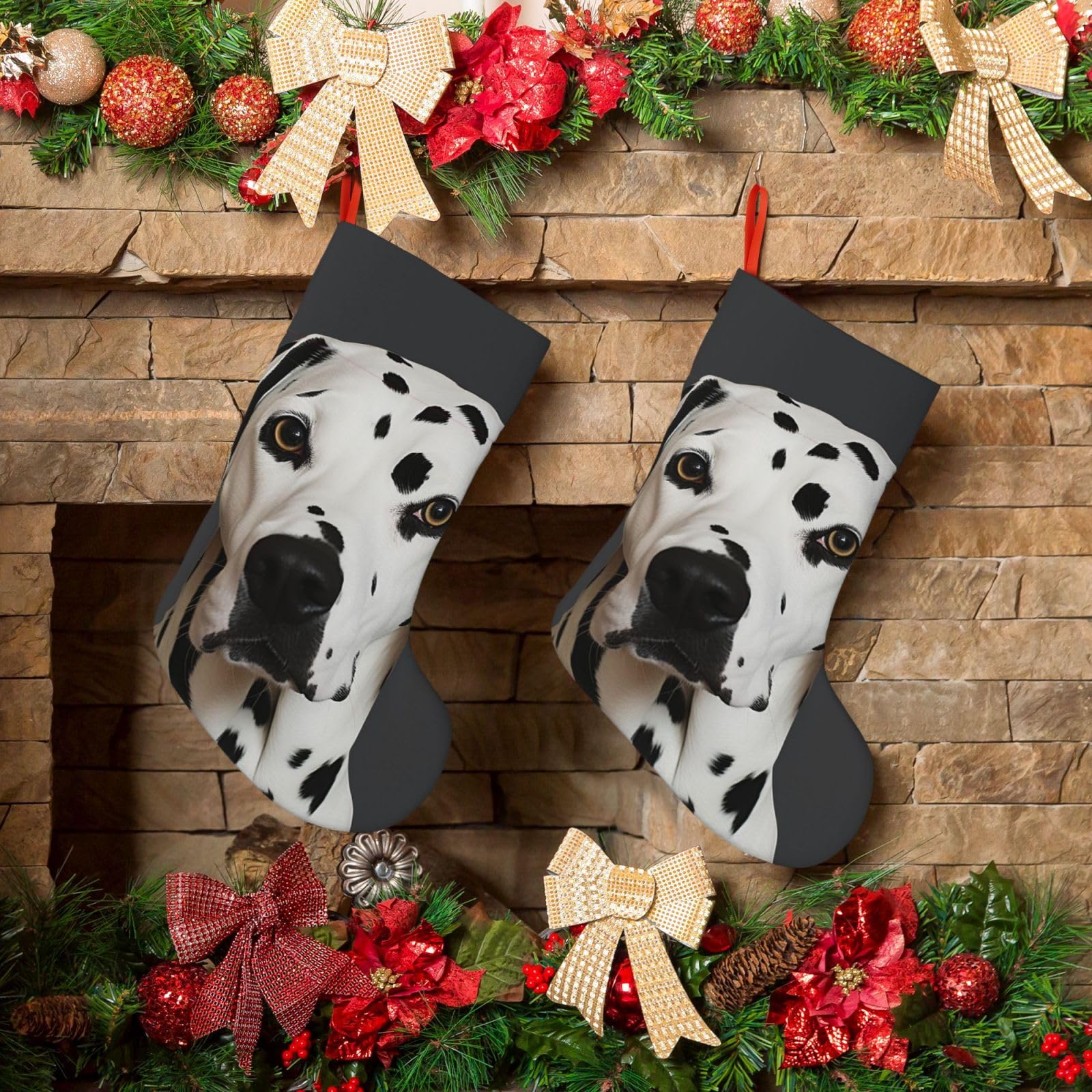 KLOPH Christmas Stockings 18" Personalized Xmas Stocking Dalmatian Decoration Stocking Hanging Fireplace Stocking for Holiday Xmas Tree Christmas Fireplace Decor