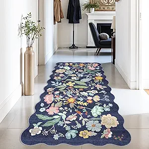 Washable 3x6 Hallway Runner Rug: Low-Pile Floral Scalloped Entryway Runners Non-Slip Stain Resistant Carpet for Kitchen Bathroom Laundry Room Soft Floor Mat for Living Room Bedroom Nursery(3x6/Purple)
