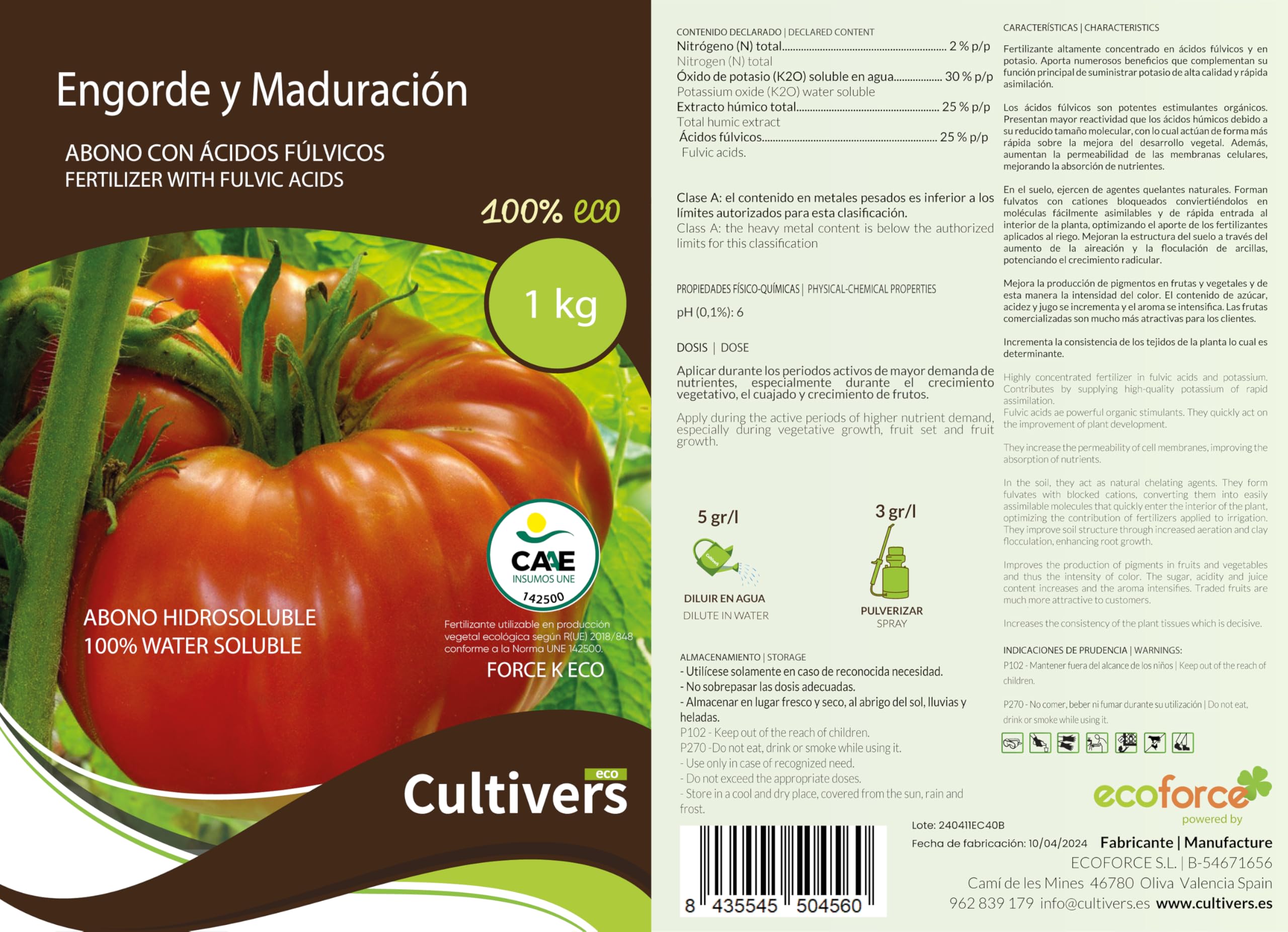CULTIVERS Abono Engorde y Maduración Ecológico 2x1 kg. Fertilizante Potasio Quelatado con pH Neutro para el Aumento de los Frutos. Force K