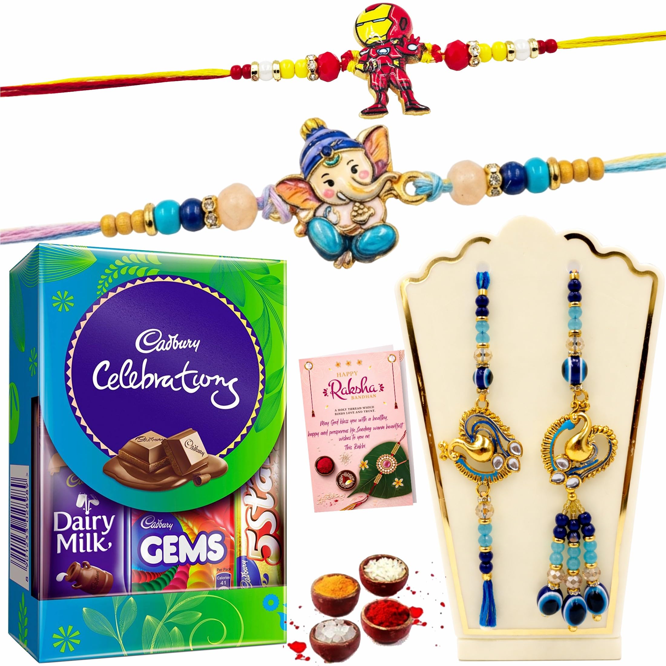 Rakhi Set of 4 for Bhaiya Bhabhi and Kids with Chocolate-Evil Eye Designer Rakhi Lumba with Cute n Ganesh Ji Adorable Rakhi with Chocolate Gift Pack, Roli,Chawal,Chandan,Mishri,Rakshabandhan Greeting Card-picture-12