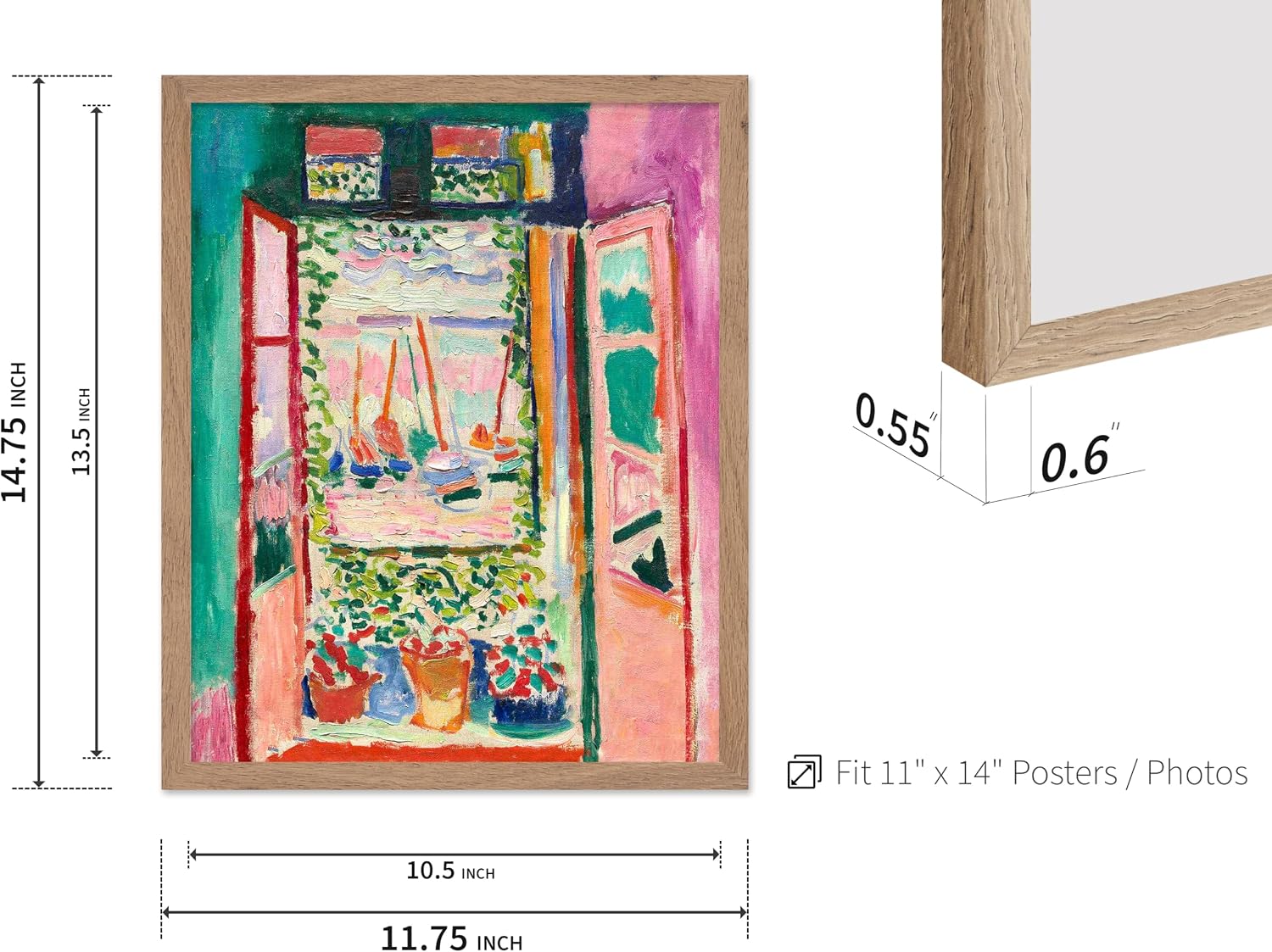 Poster Master Vintage Henri Matisse Poster - Retro Fauvism Print - Gift for Artist, Traveler - Open Window, Collioure, Sailboats, Harbour, Pots - Wall Decor for Home, Hotel, 11x14 Beige Framed