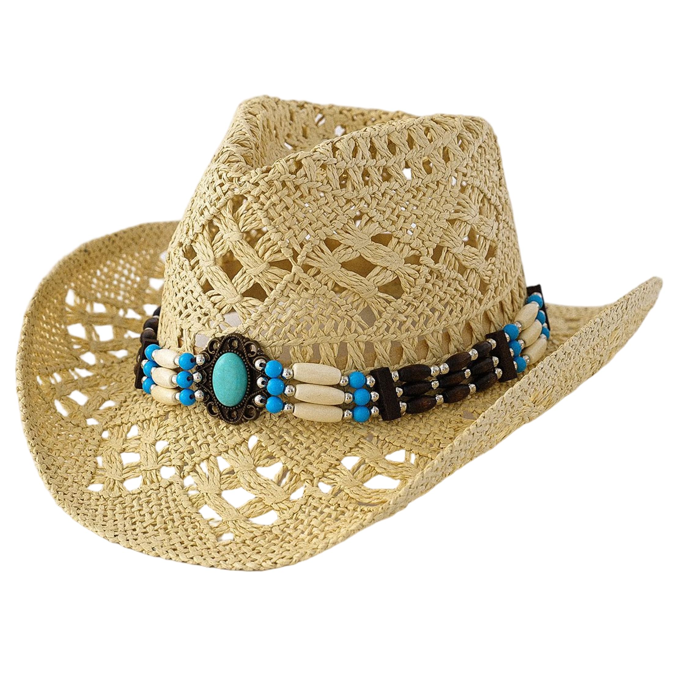 Ausgehöhlter Stroh-Cowgirl-Hut für Damen mit böhmischem Zierband, atmungsaktiver Western-Stroh-Cowboyhut, Größe M (56–58 cm), Sommer-Strandkappe
