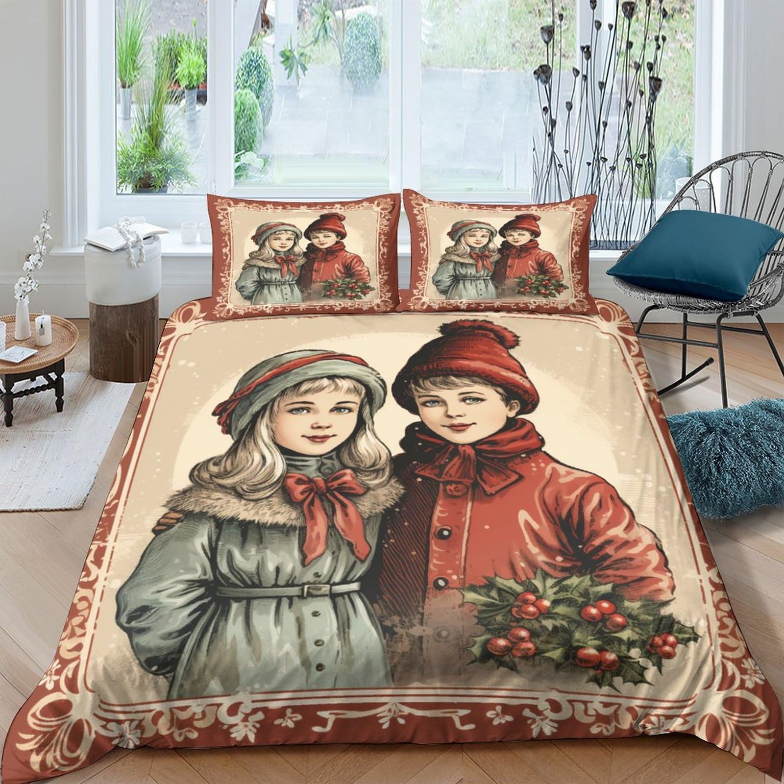 Housse de couette Noël 200x200 microfibre vintage pour lit 3 pièces